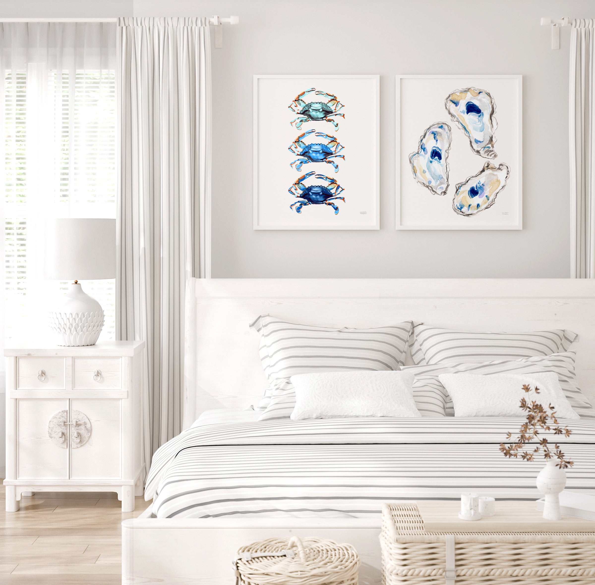Coastal Wall Art Watercolor Prints Set of 2 | Oysters and Blue Crabs Artwork