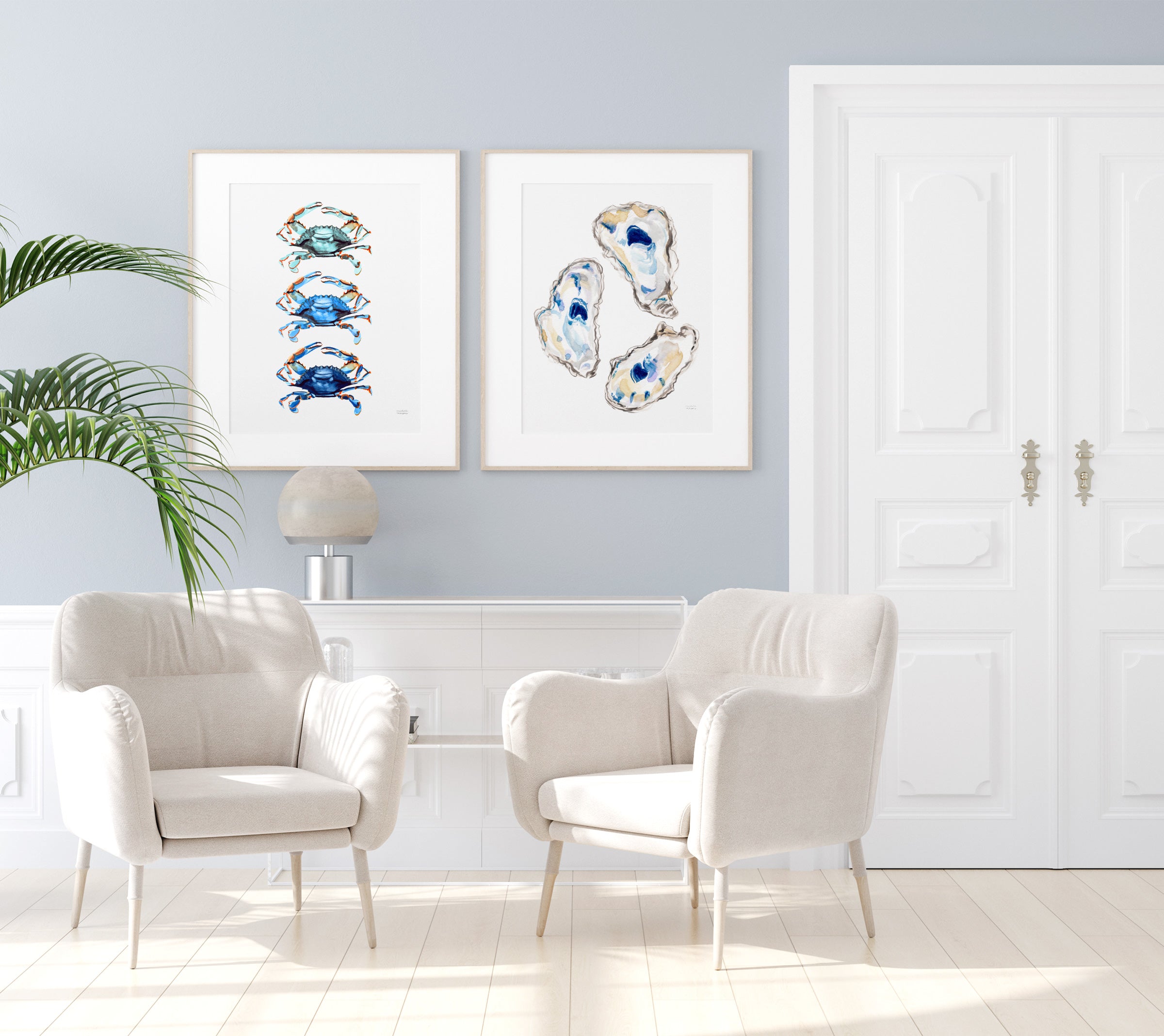 Coastal Wall Art Watercolor Prints Set of 2 | Oysters and Blue Crabs Artwork