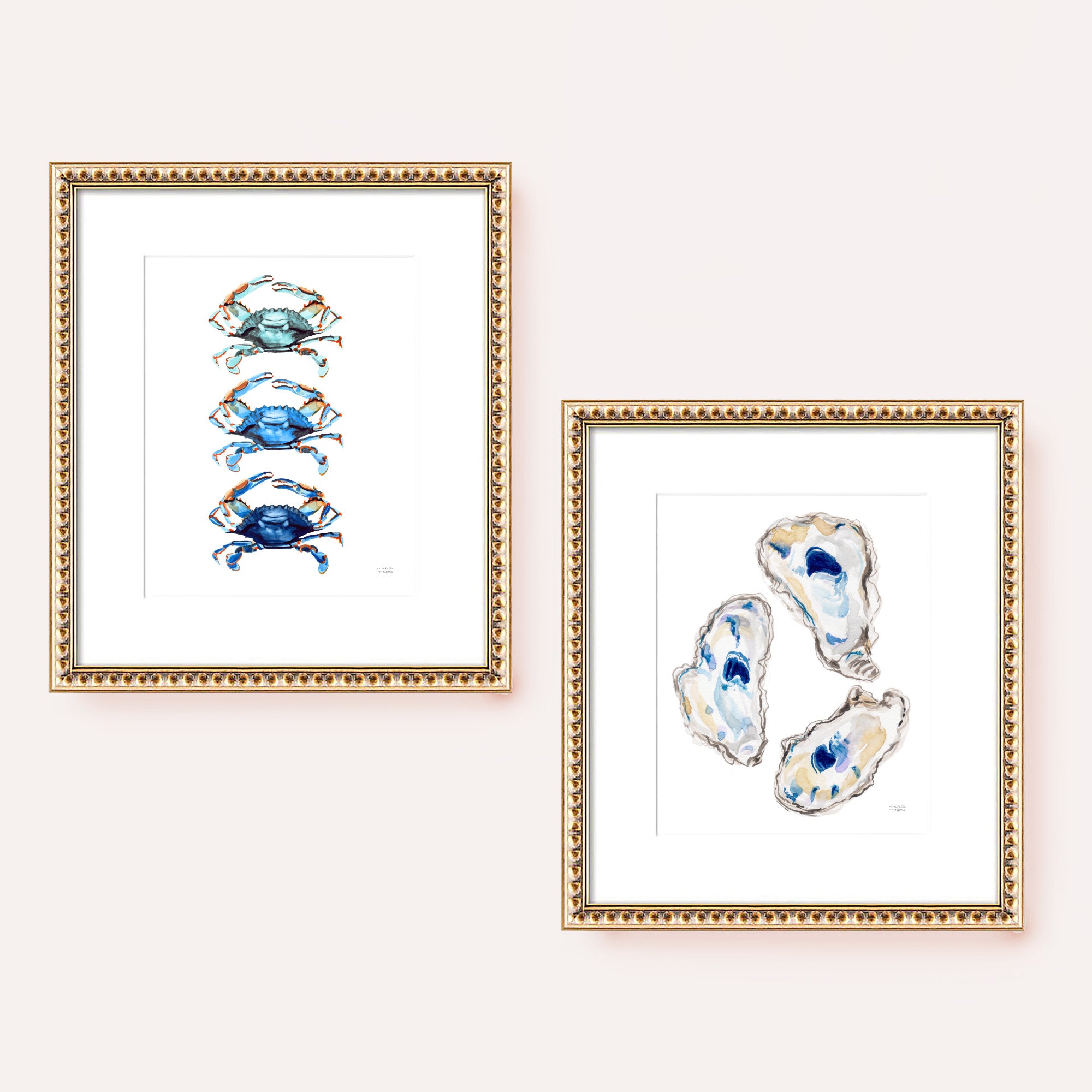 Coastal Wall Art Watercolor Prints Set of 2 | Oysters and Blue Crabs Artwork