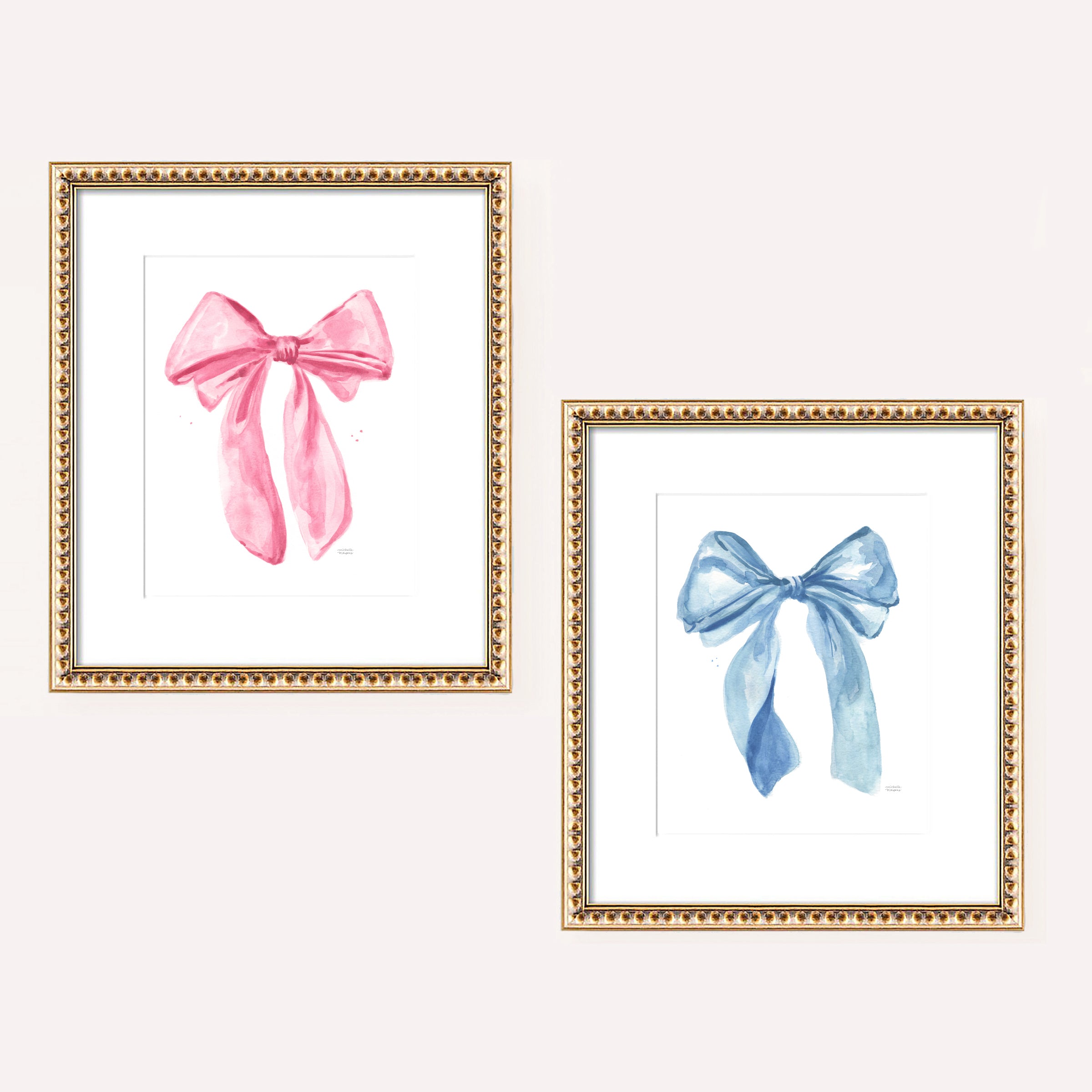 Cute Girly Preppy Fashion Bow Watercolor Wall Art Prints Set of 2 in Pink and Blue