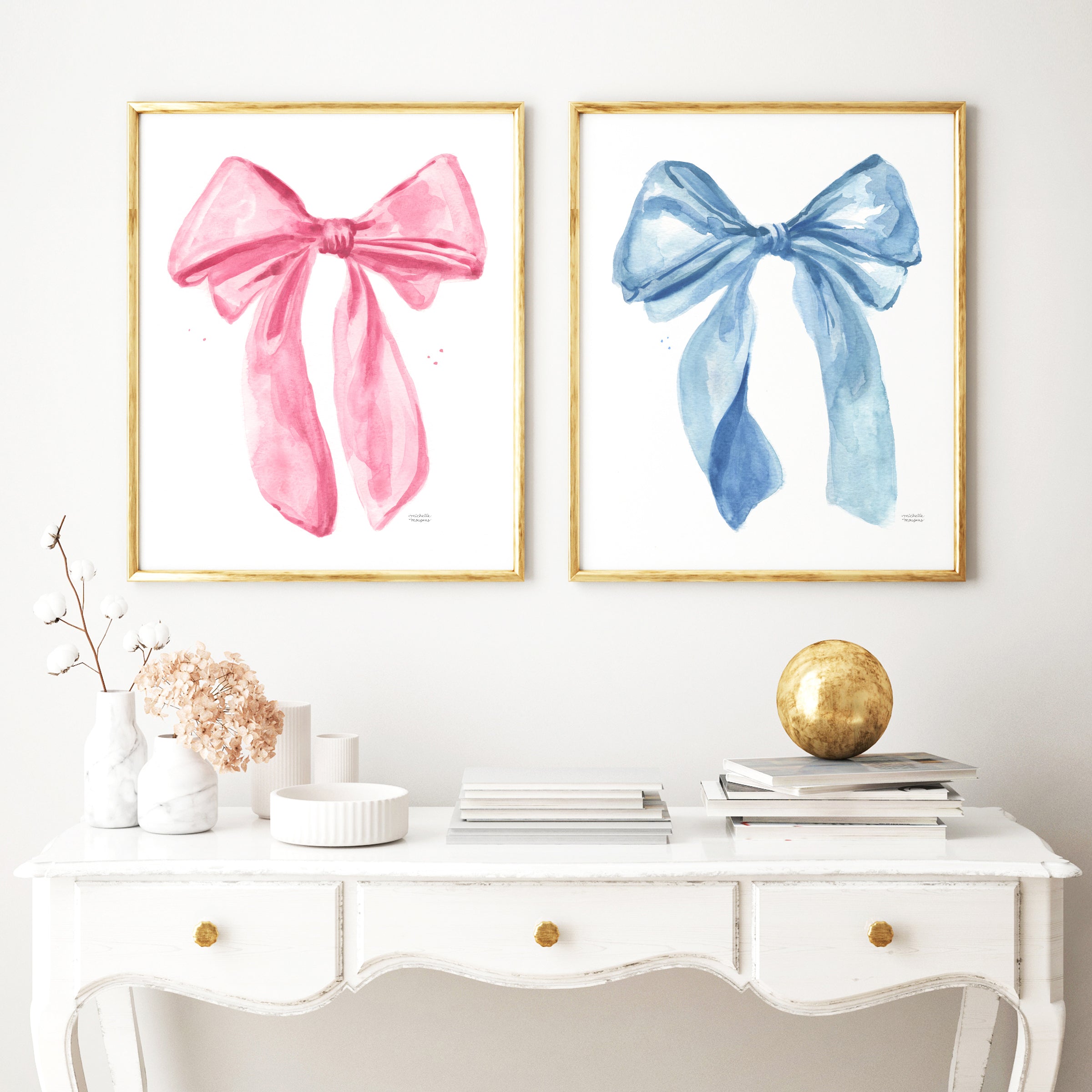 Cute Girly Preppy Fashion Bow Watercolor Wall Art Prints Set of 2 in Pink and Blue
