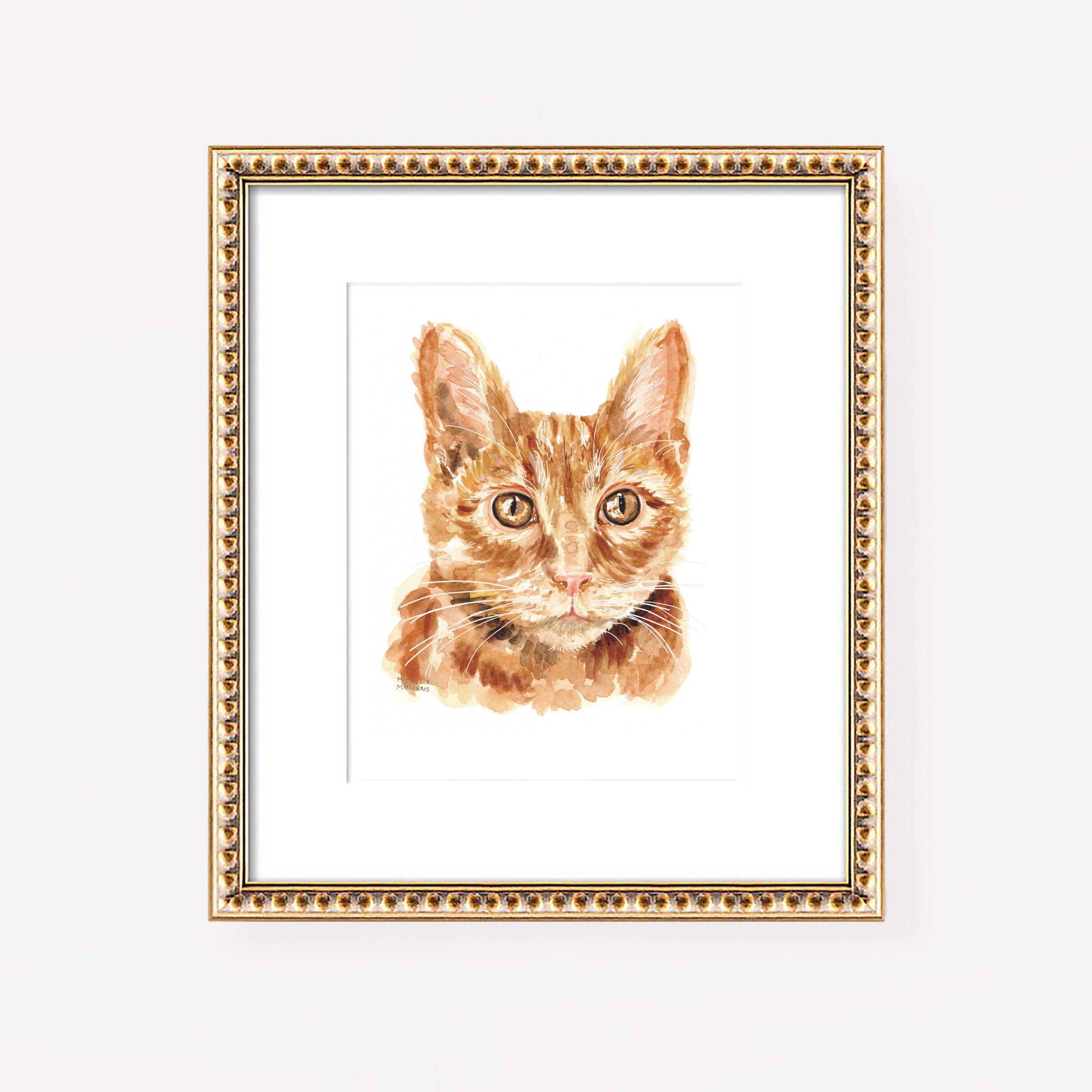 Ginger Tabby Cat Portrait Watercolor Wall Art Print by Michelle Mospens
