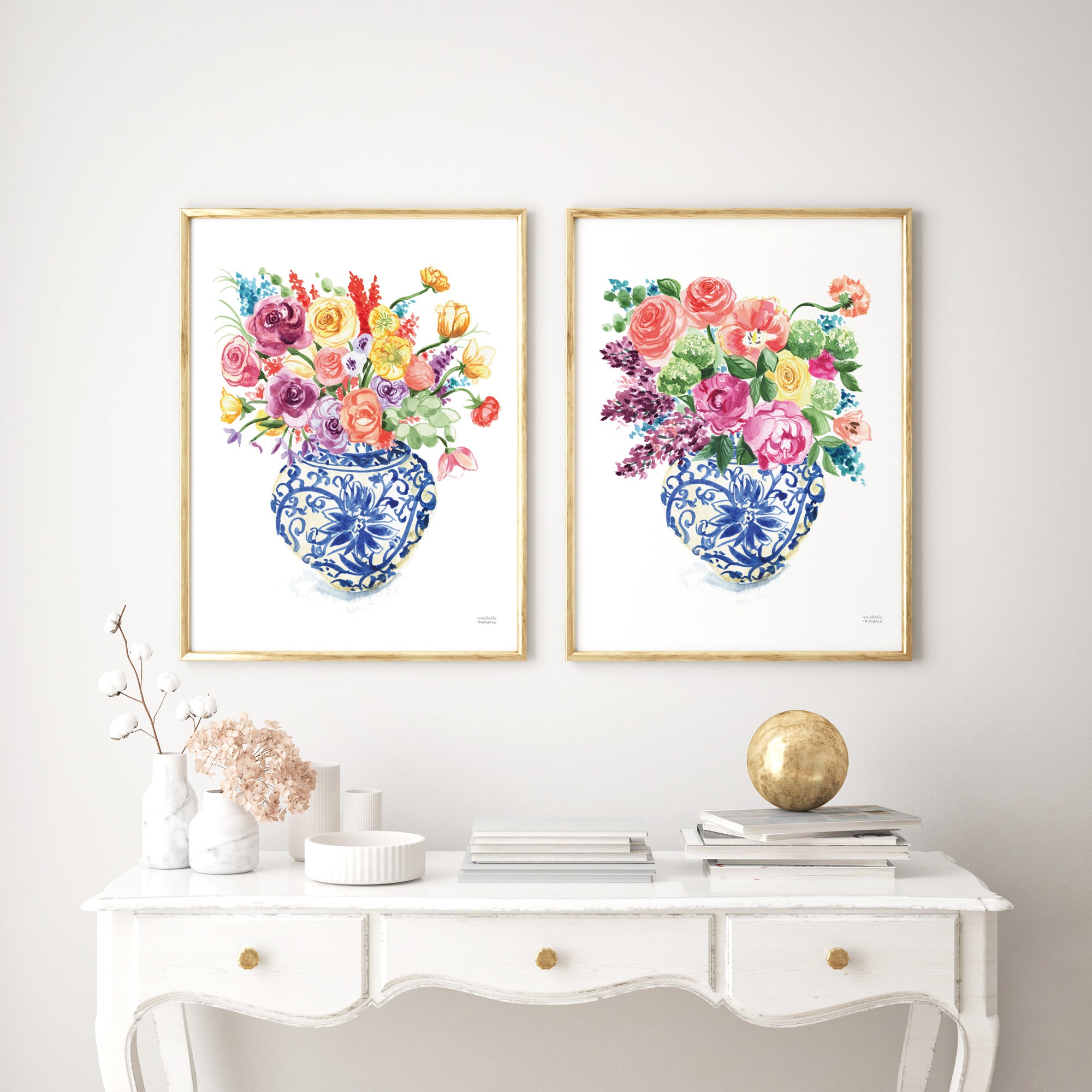 Colorful Ginger Jar Bouquets No16 and No15 Watercolor Prints Set of 2