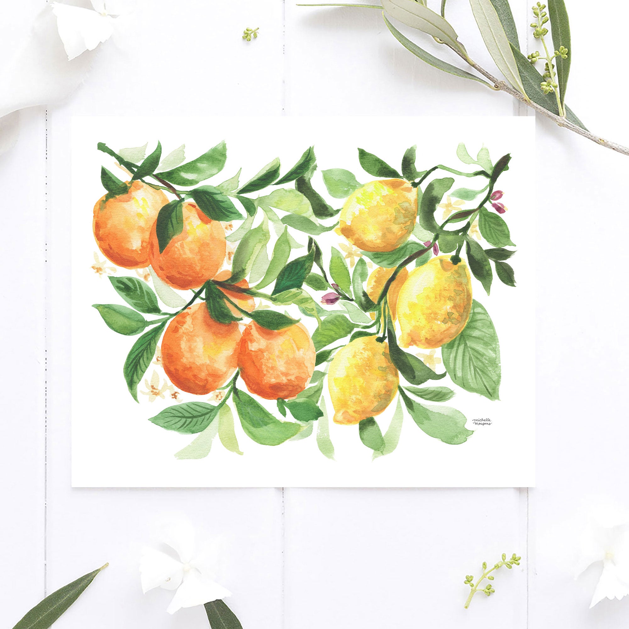 Watercolor Citrus Grove Lemons and Oranges Fruit Wall Art Unframed Print