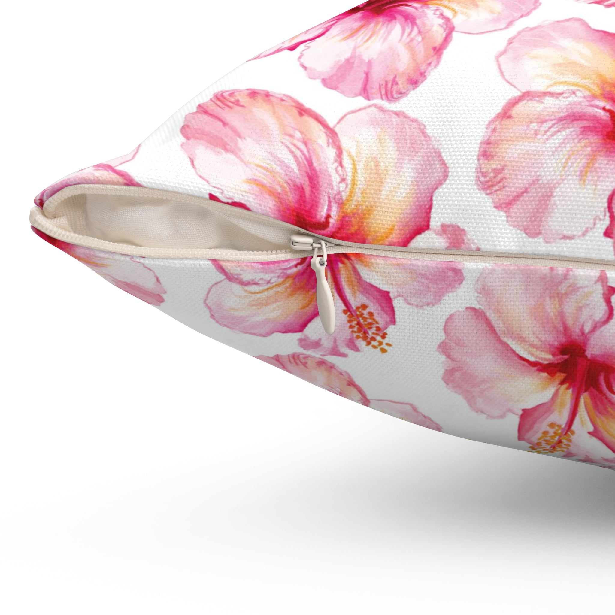 Watercolor Hibiscus Flower Square Pillow Cover with Coastal Beachy Tropical Aesthetic