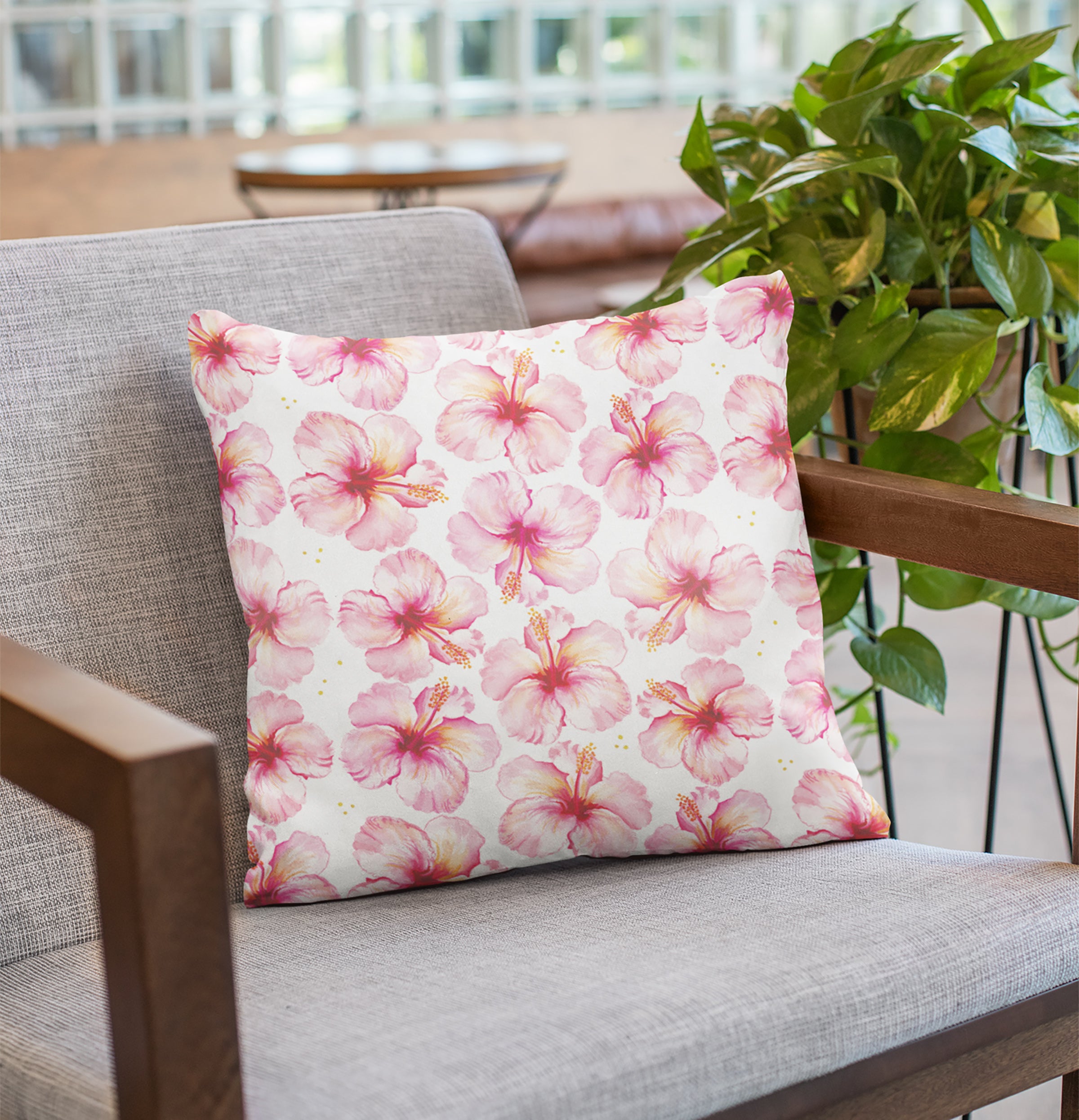 Watercolor Hibiscus Flower Square Pillow Cover with Coastal Beachy Tropical Aesthetic