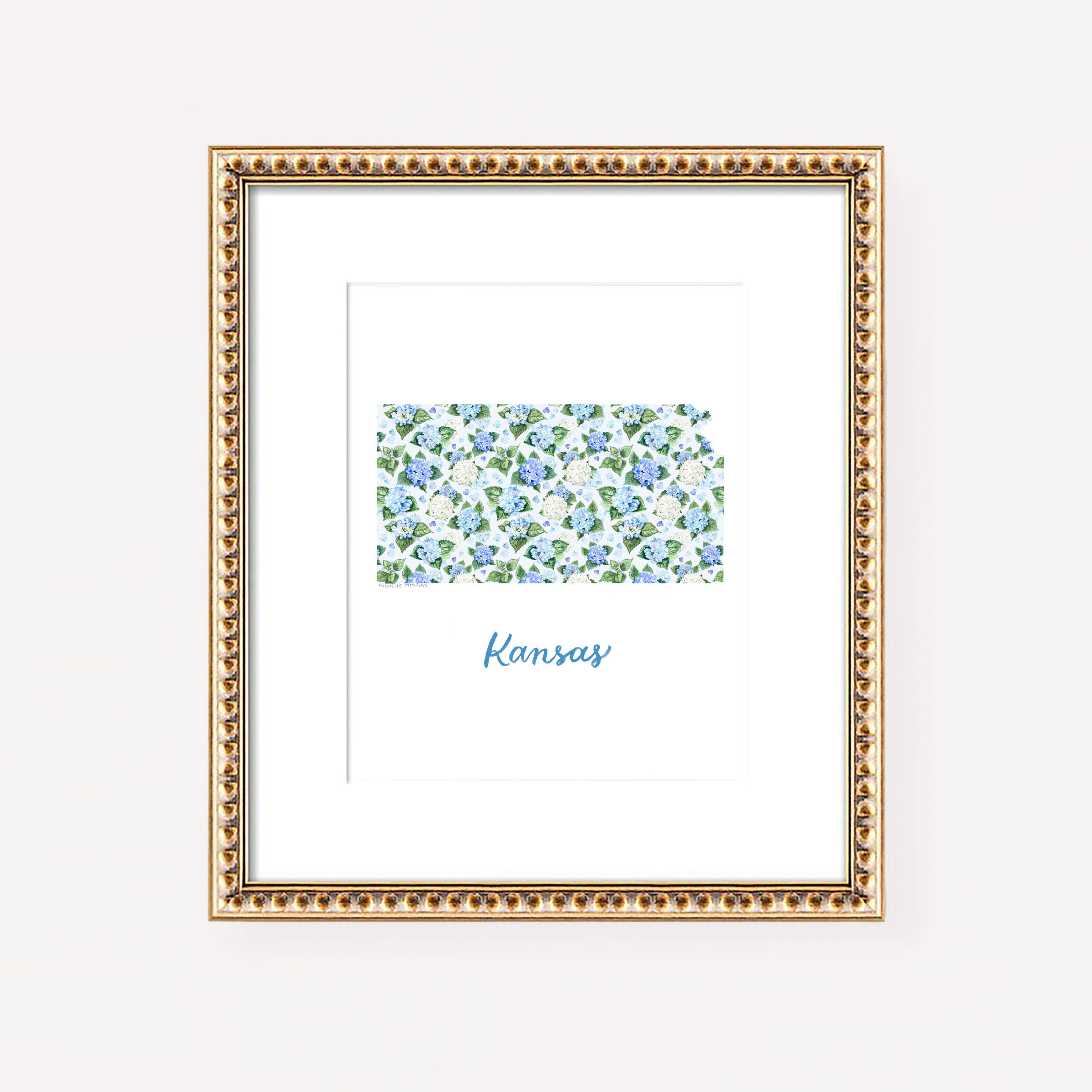 Watercolor hydrangea floral map of Kansas wall art print on a white coverstock, unframed, cute Kansas gift