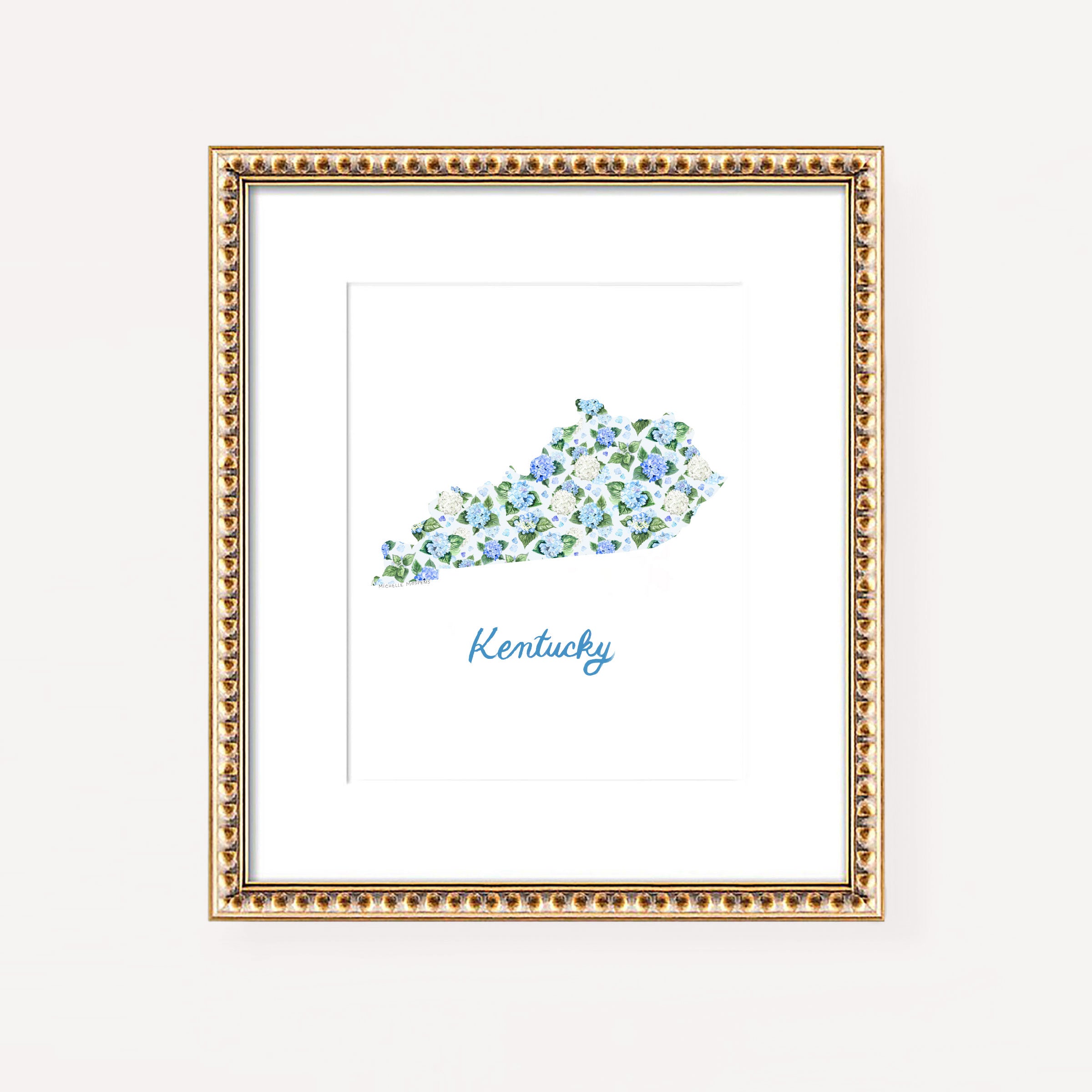 Watercolor hydrangea floral map of Kentucky wall art print on a white coverstock, unframed, cute Kentucky gift