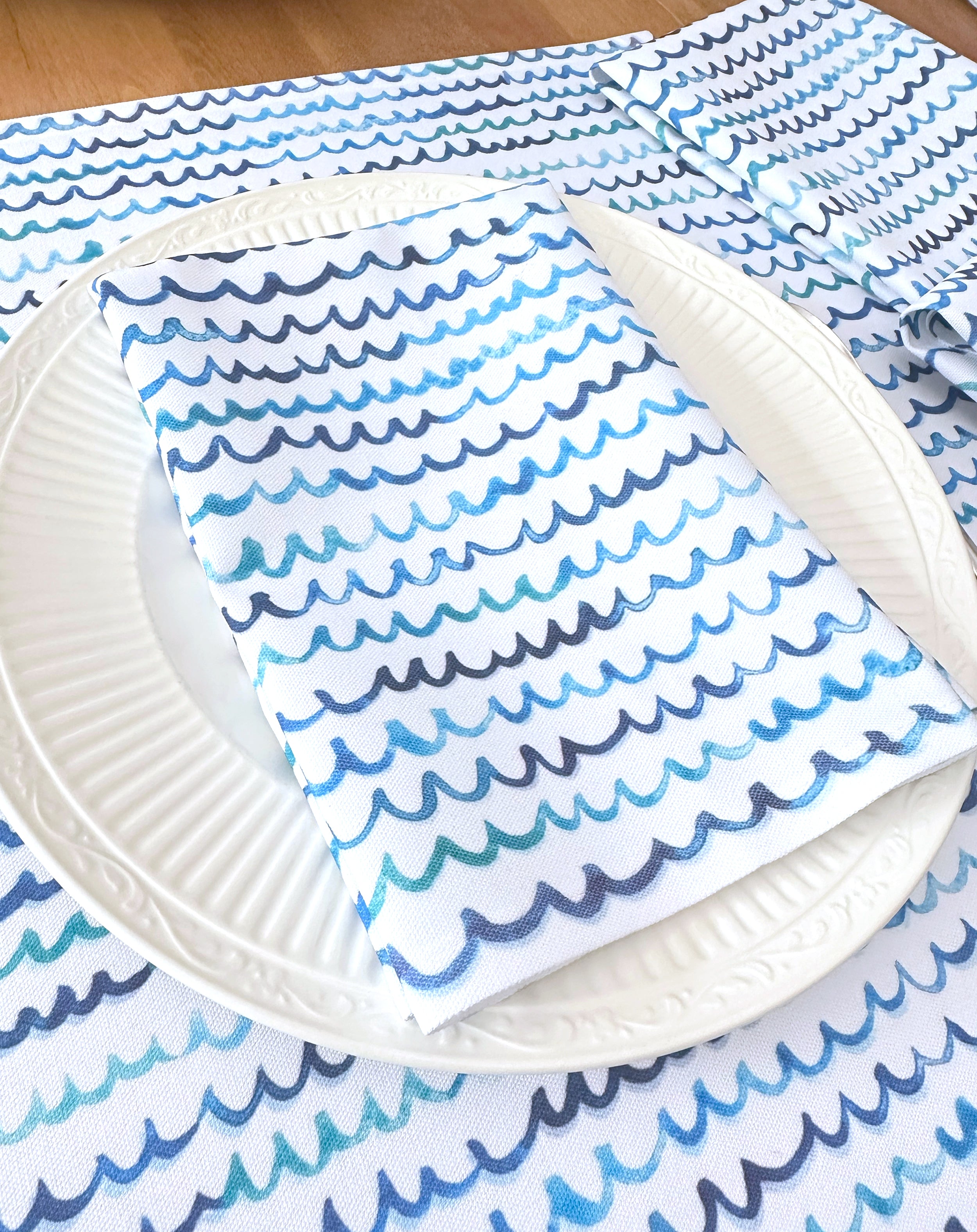 Cute Coastal Watercolor Nautical Waves Cloth Dinner Napkins
