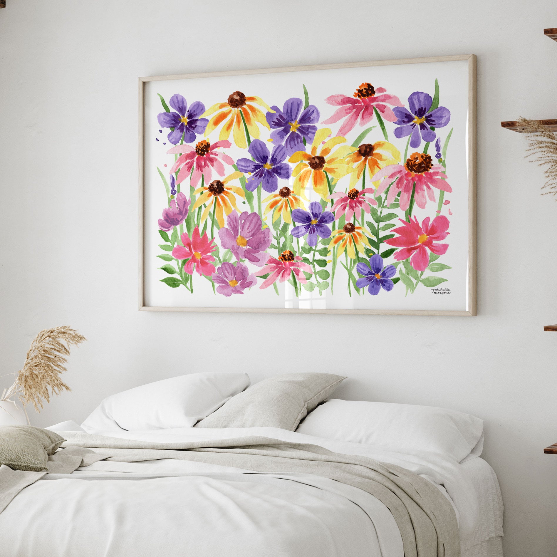 Watercolor Colorful Wildflowers Wall Art Print by Michelle Mospens, yellow, pink, and purple flowers