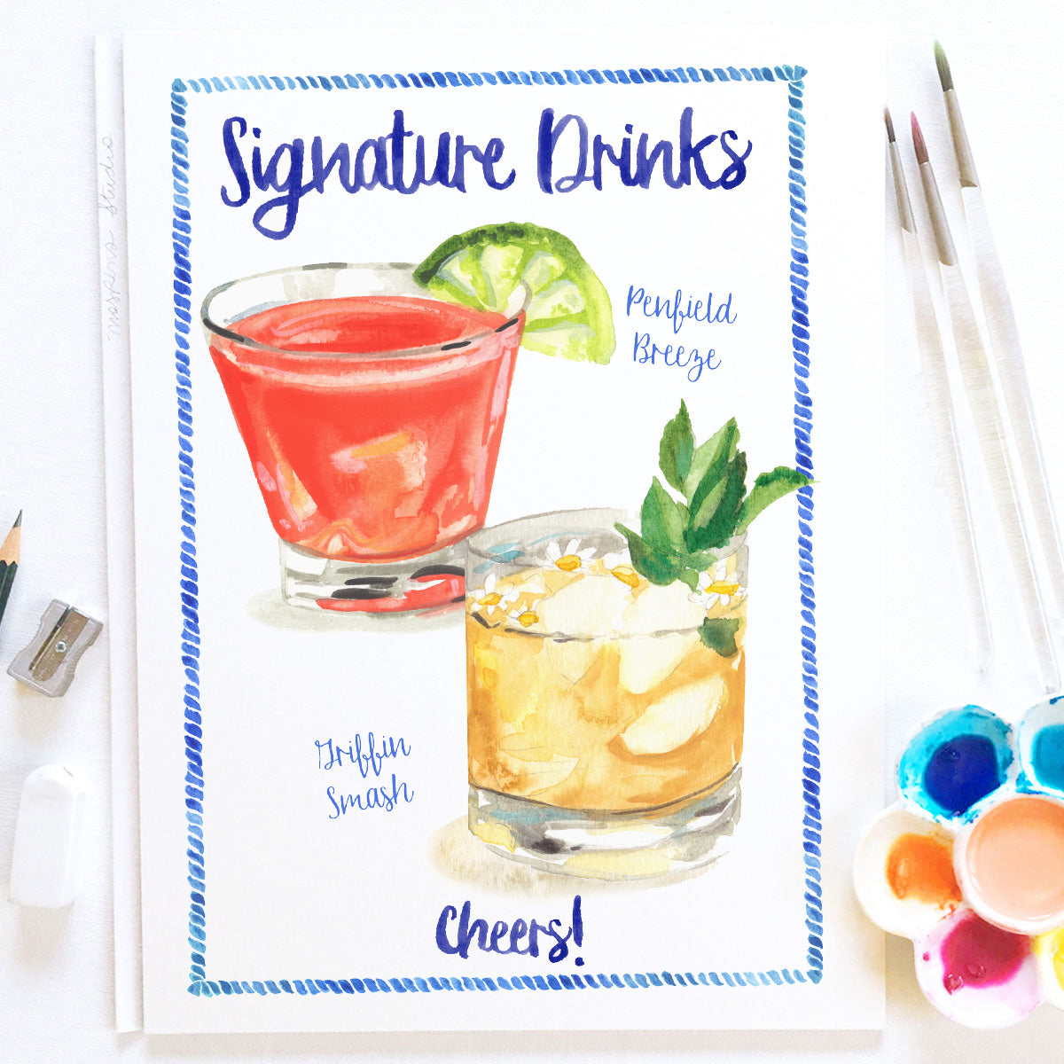 Custom Hand-painted Signature Drinks Illustration | Cocktail Sign for Home Bar or Wedding Reception