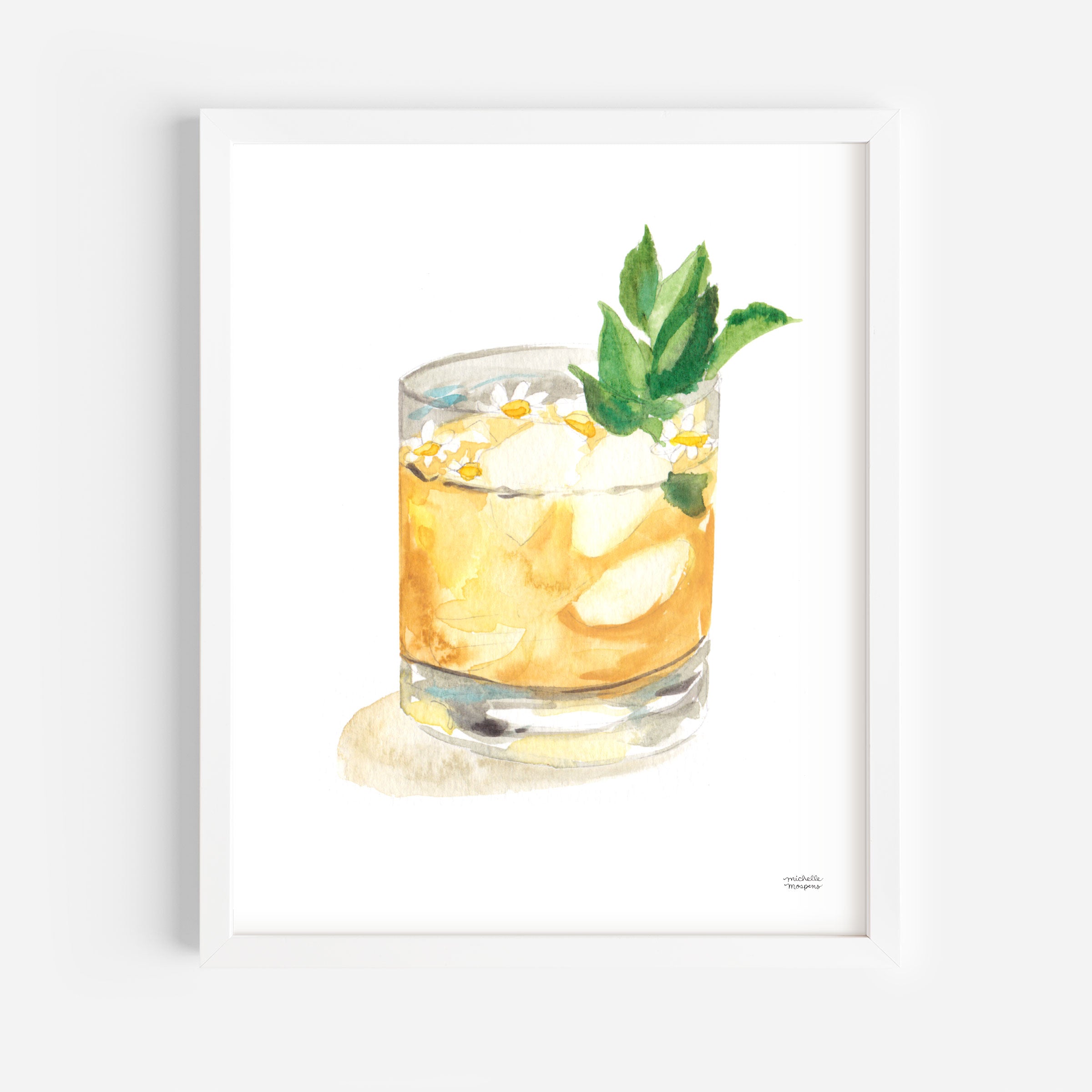 Watercolor Whiskey Smash Bar Cart Art Prints by Michelle Mospens | Cute Cocktail Wall Art