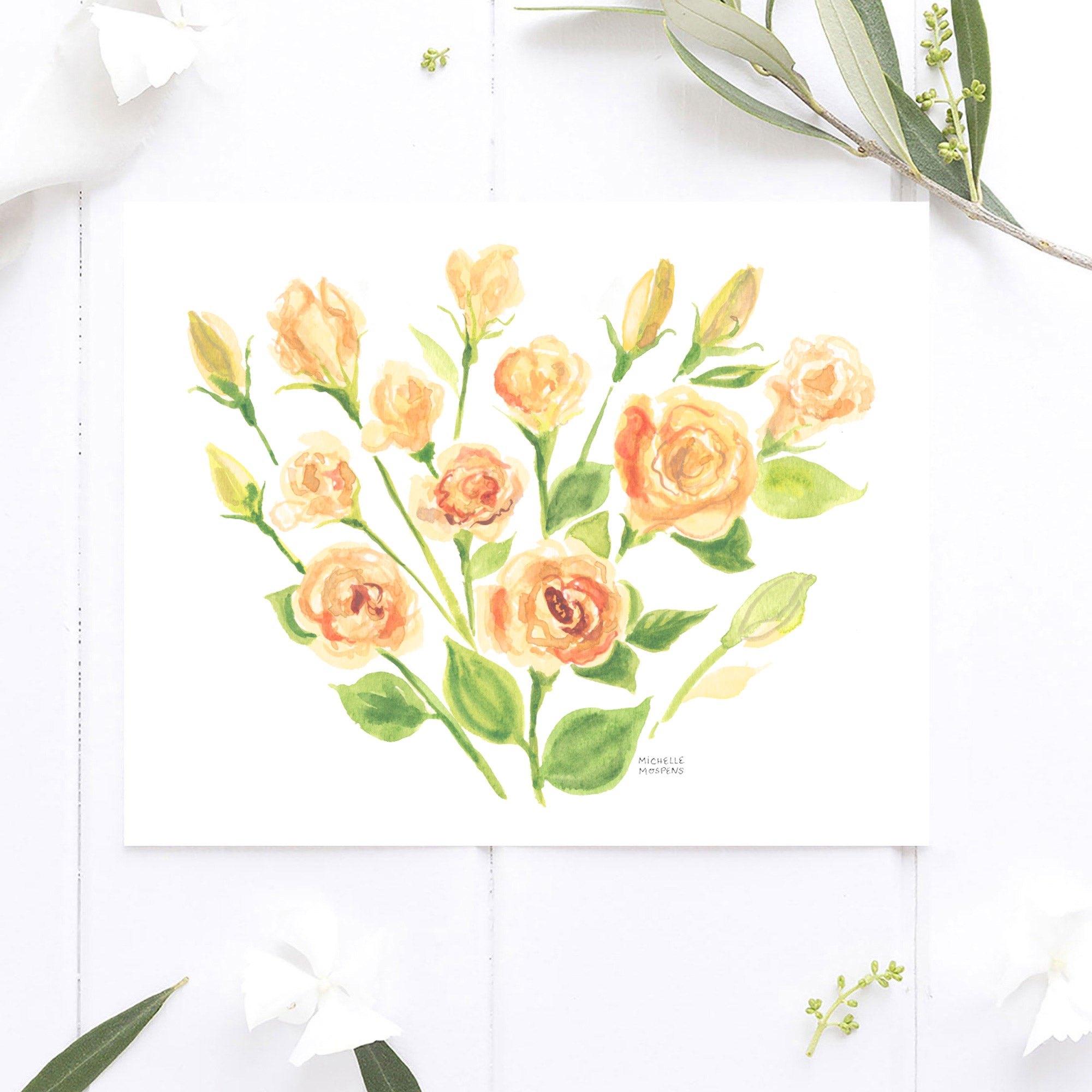 Cute Yellow Flowers Bouquet Watercolor Wall Art Print, Unframed
