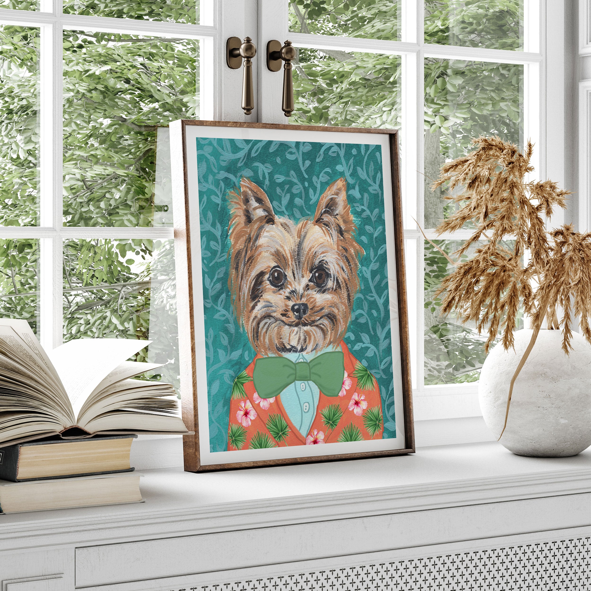 Yorkie Dog anthropomorphic pet portrait wall art print by artist Michelle Mospens