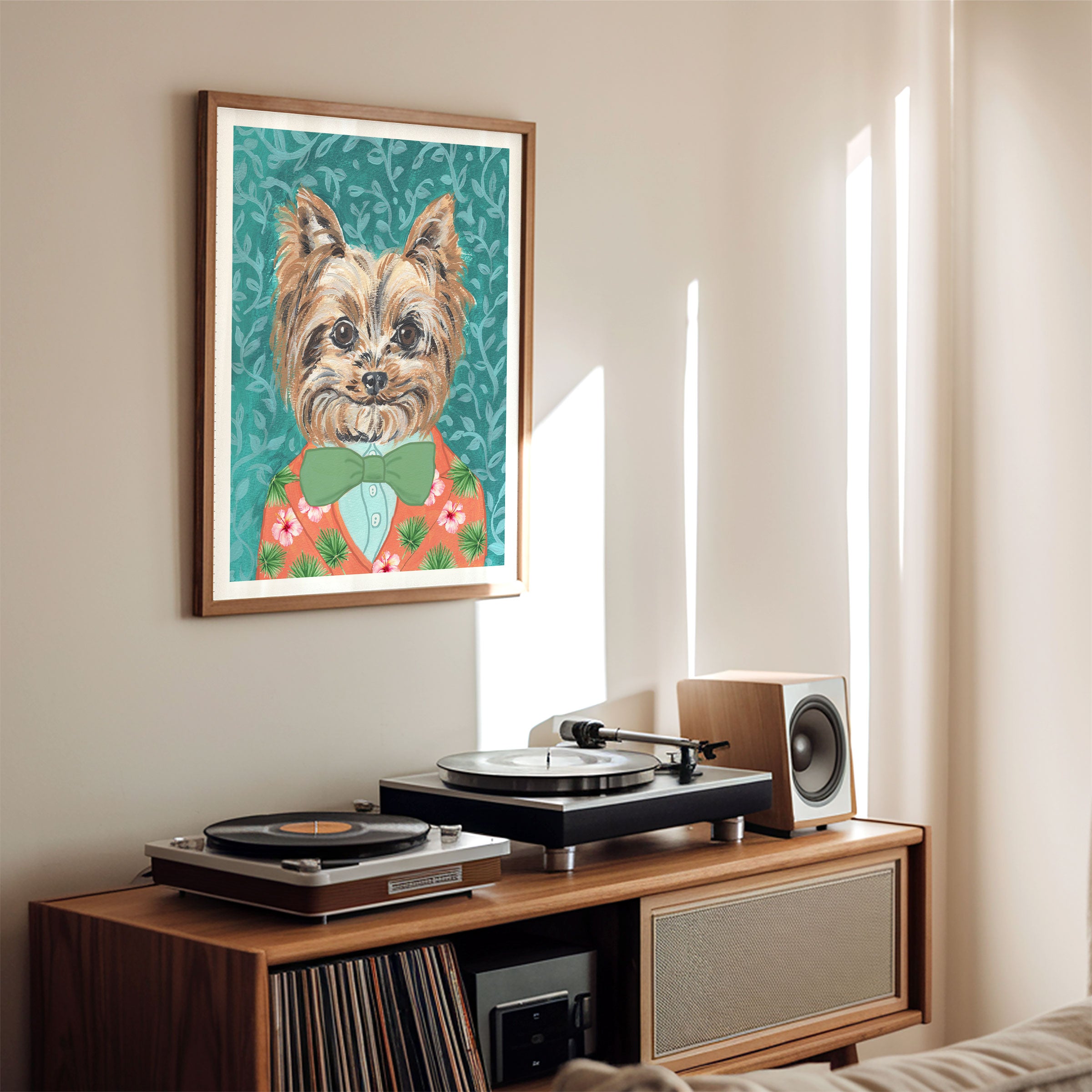 Yorkie Dog anthropomorphic pet portrait wall art print by artist Michelle Mospens