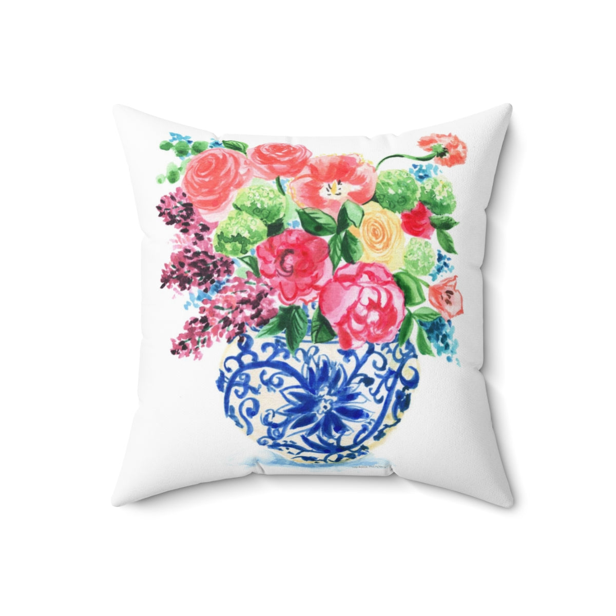 Watercolor Chinoiserie Ginger Jar Bouquet No. 15 Square Pillow with Grandmillennial Aesthetic