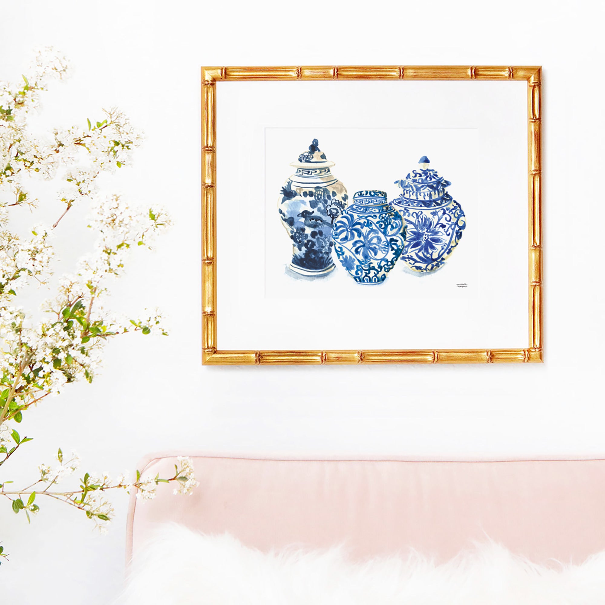 Hamptons style ginger jars watercolor painting wall art print. Coastal grandmillennial artwork by artist Michelle Mospens.