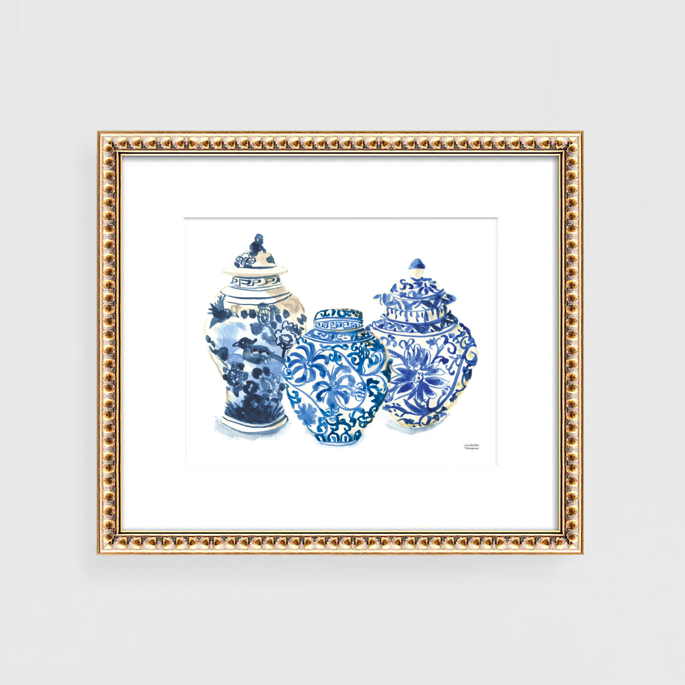 Hamptons style ginger jars watercolor painting wall art print. Coastal grandmillennial artwork by artist Michelle Mospens.