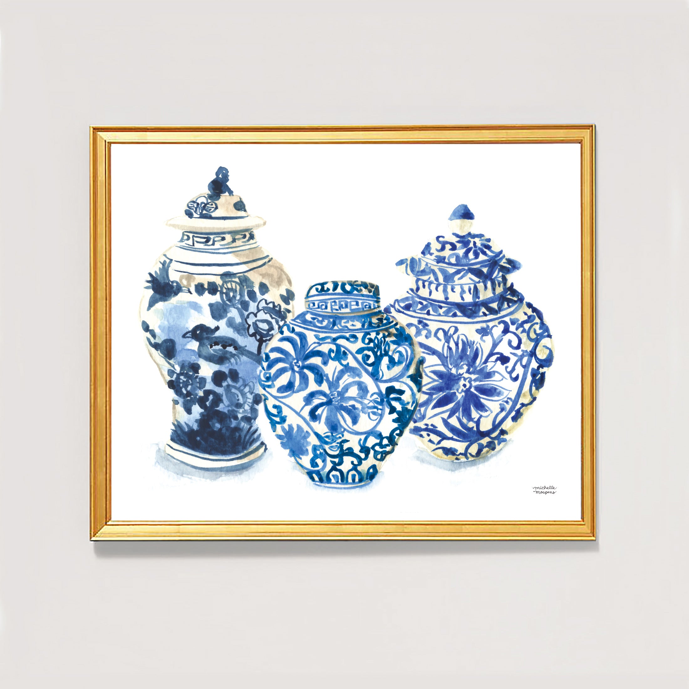 Hamptons style ginger jars watercolor painting wall art print. Coastal grandmillennial artwork by artist Michelle Mospens.