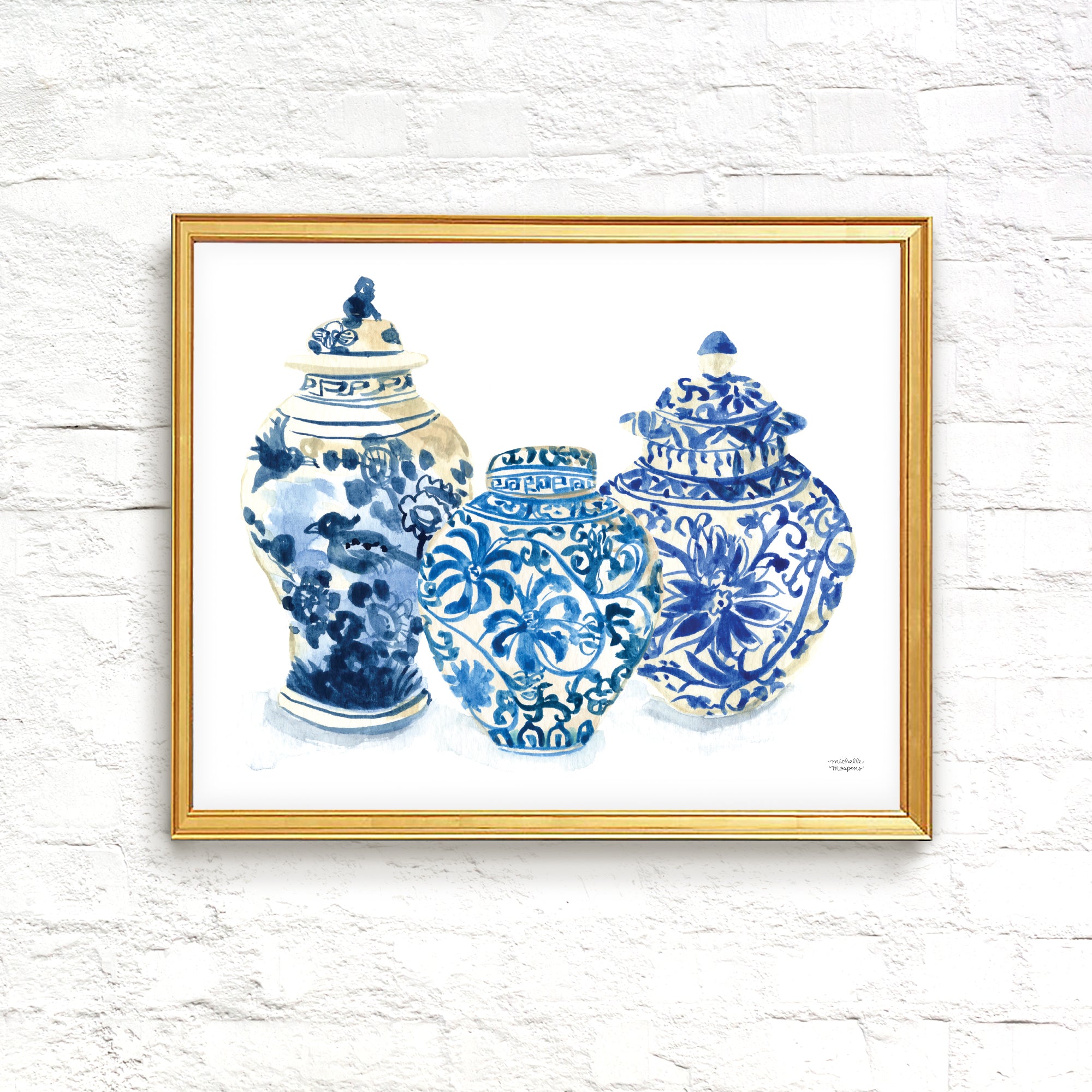 Grandmillennial Blue Ginger Jars Watercolor Wall Art Print