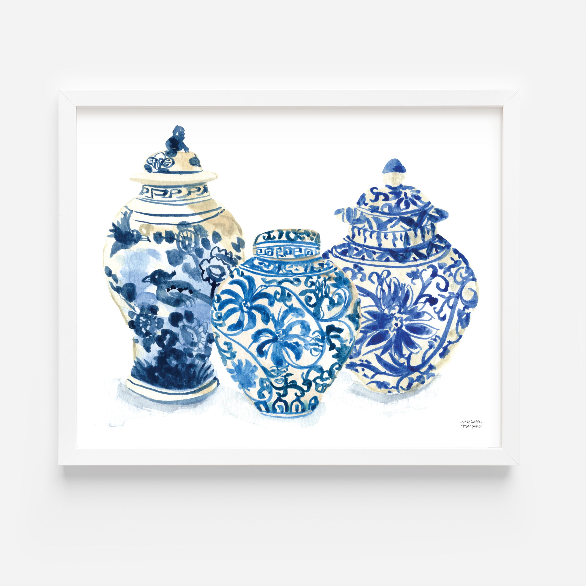 Grandmillennial Blue Ginger Jars Watercolor Wall Art Print