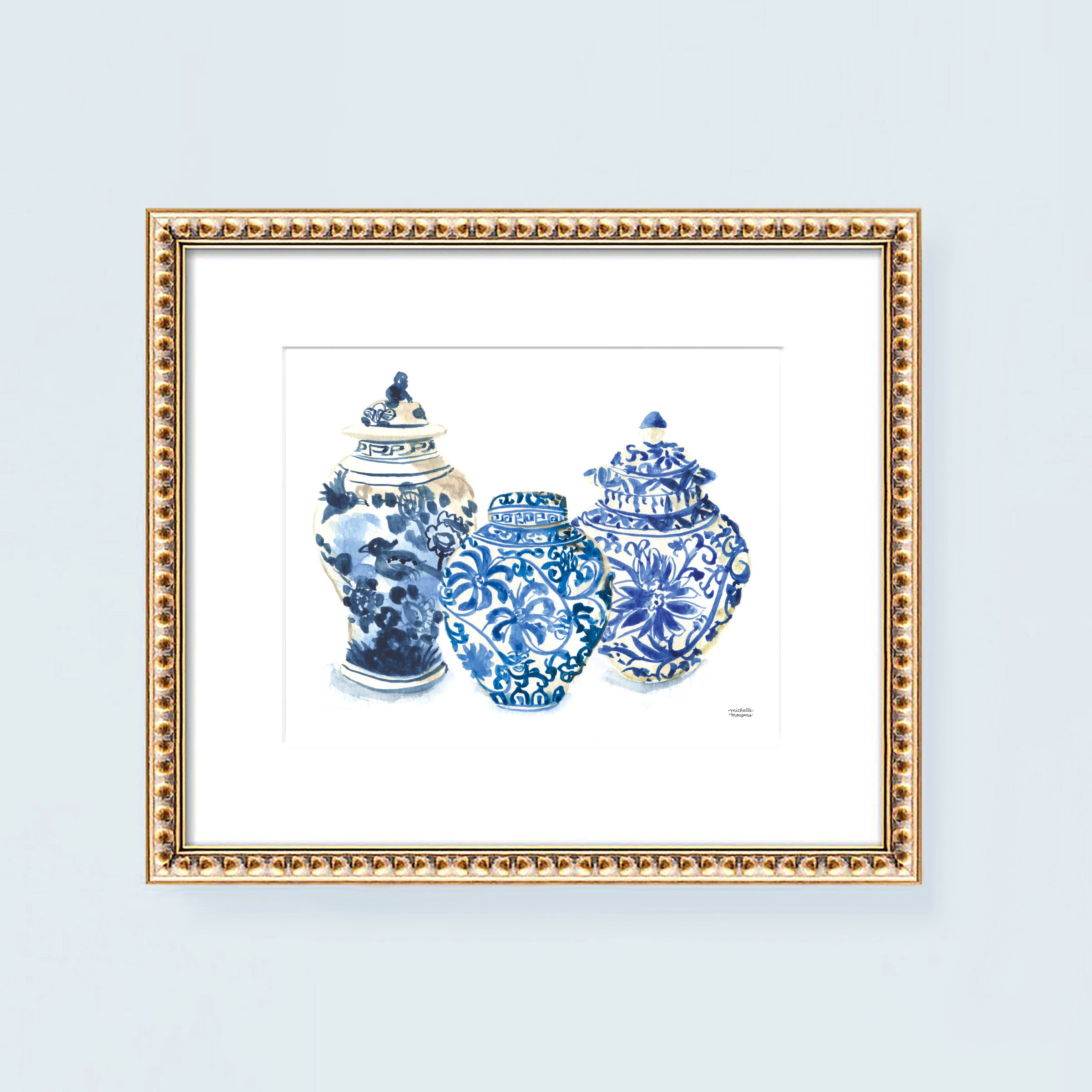 Hamptons style ginger jars watercolor painting wall art print. Coastal grandmillennial artwork by artist Michelle Mospens.