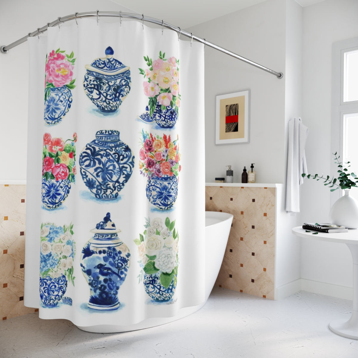 Watercolor Grandmillennial Chinoiserie Ginger Jars Shower Curtain