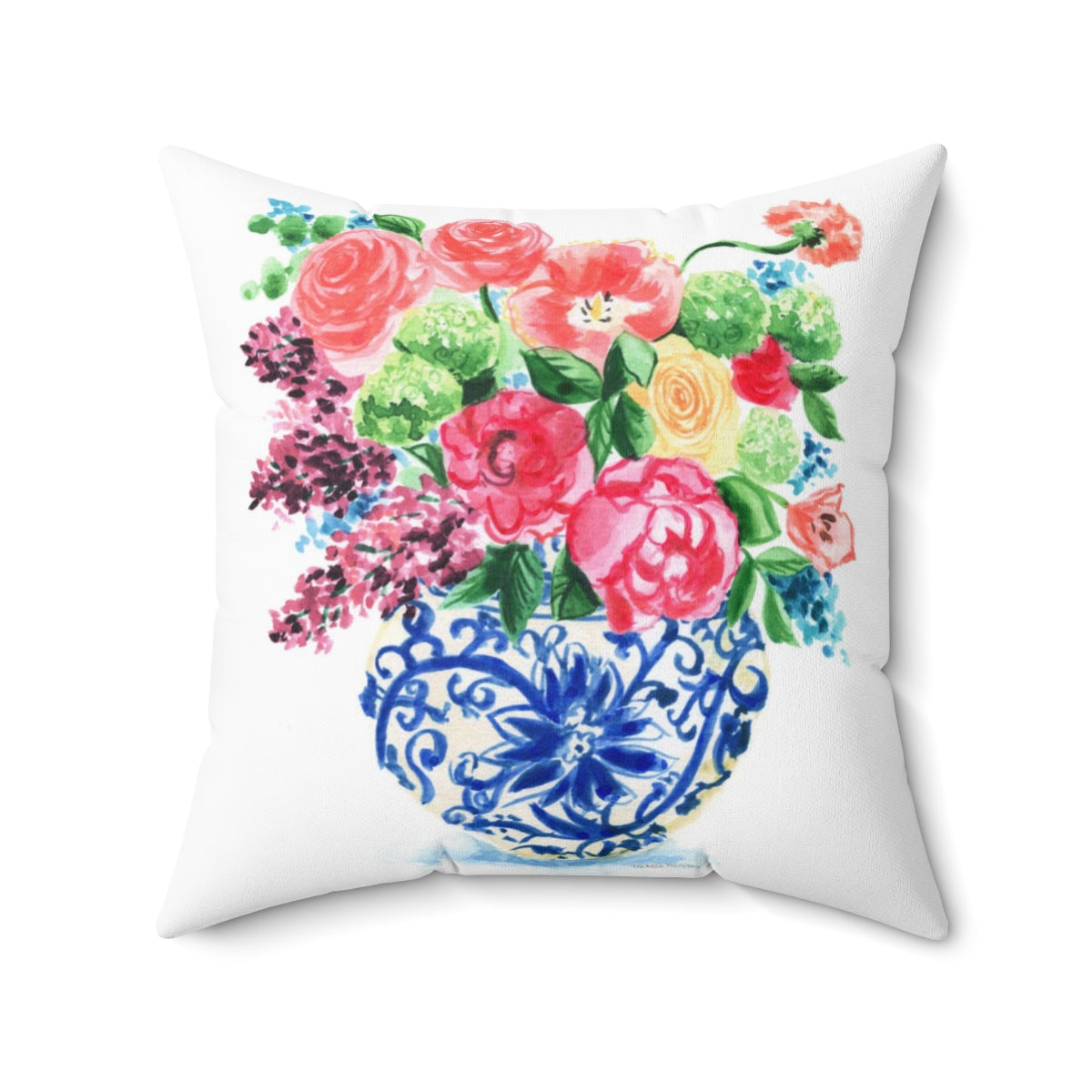 Watercolor Chinoiserie Ginger Jar Bouquet No. 15 Square Pillow with Grandmillennial Aesthetic