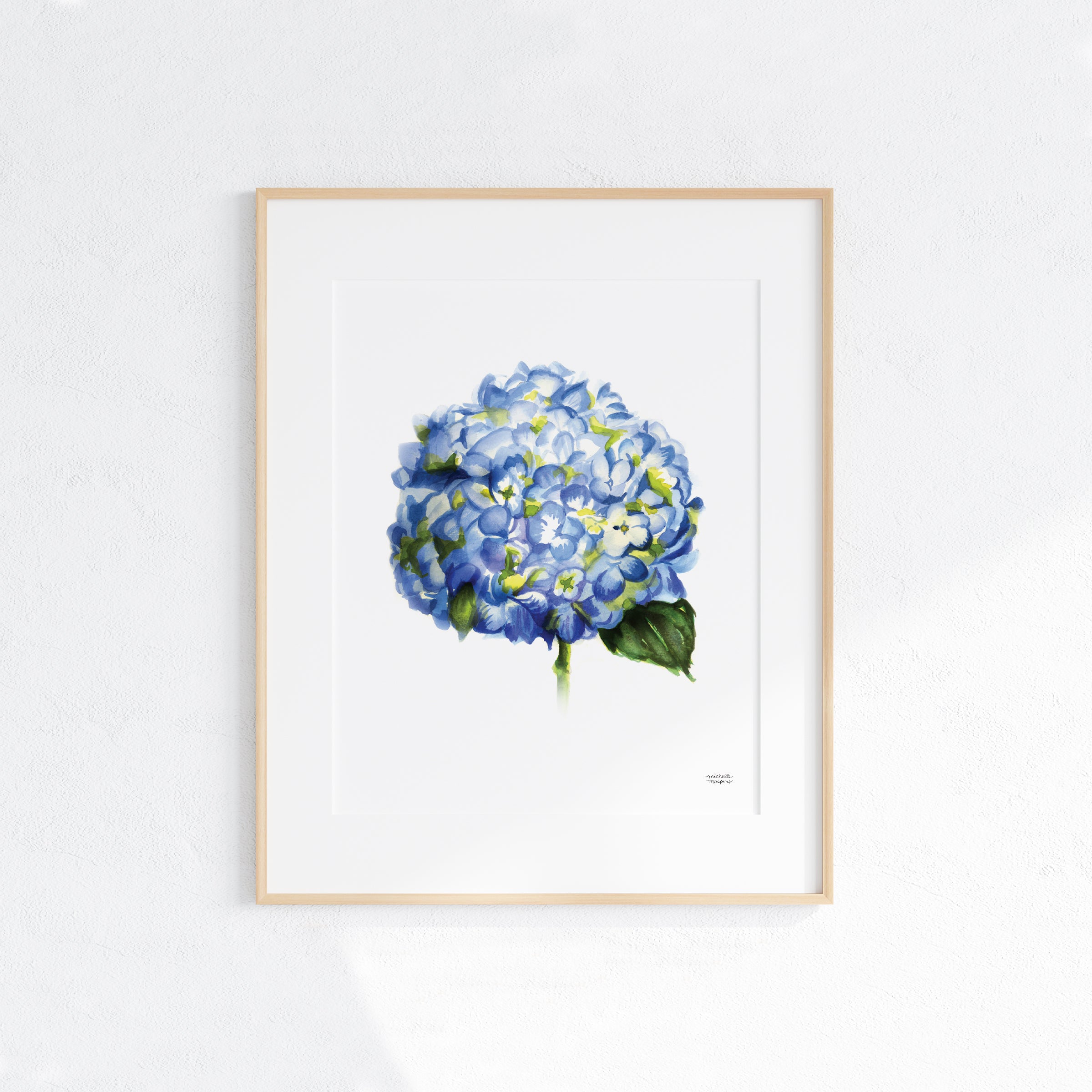 Blue Hydrangea Floral Watercolor Wall Art Print by artist Michelle Mospens.