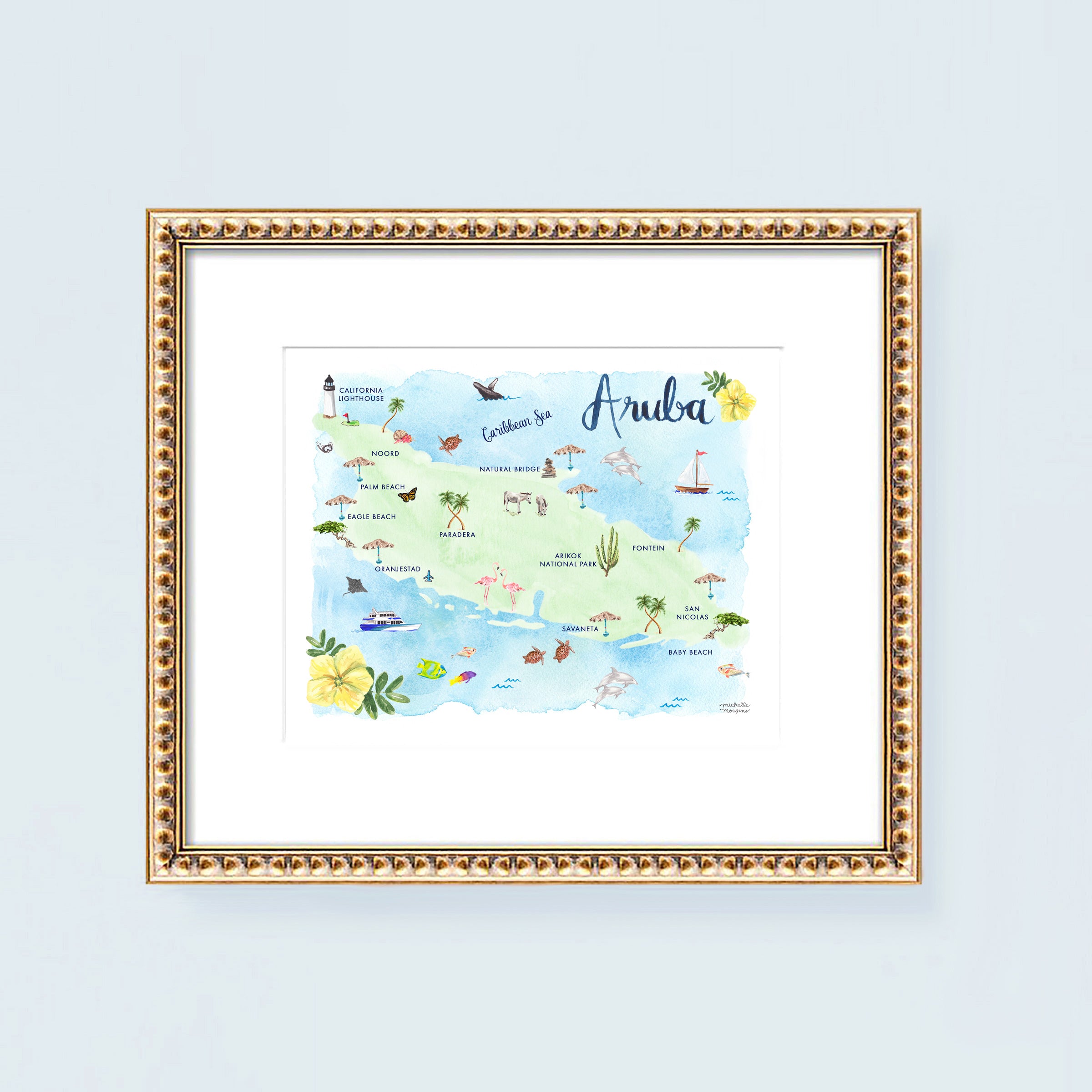 Aruba watercolor map art print by artist Michelle Mospens.