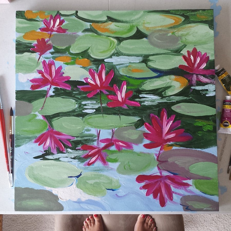 August Blooms Painting | Lily Pads Floral Lake Original Large Canvas Painting