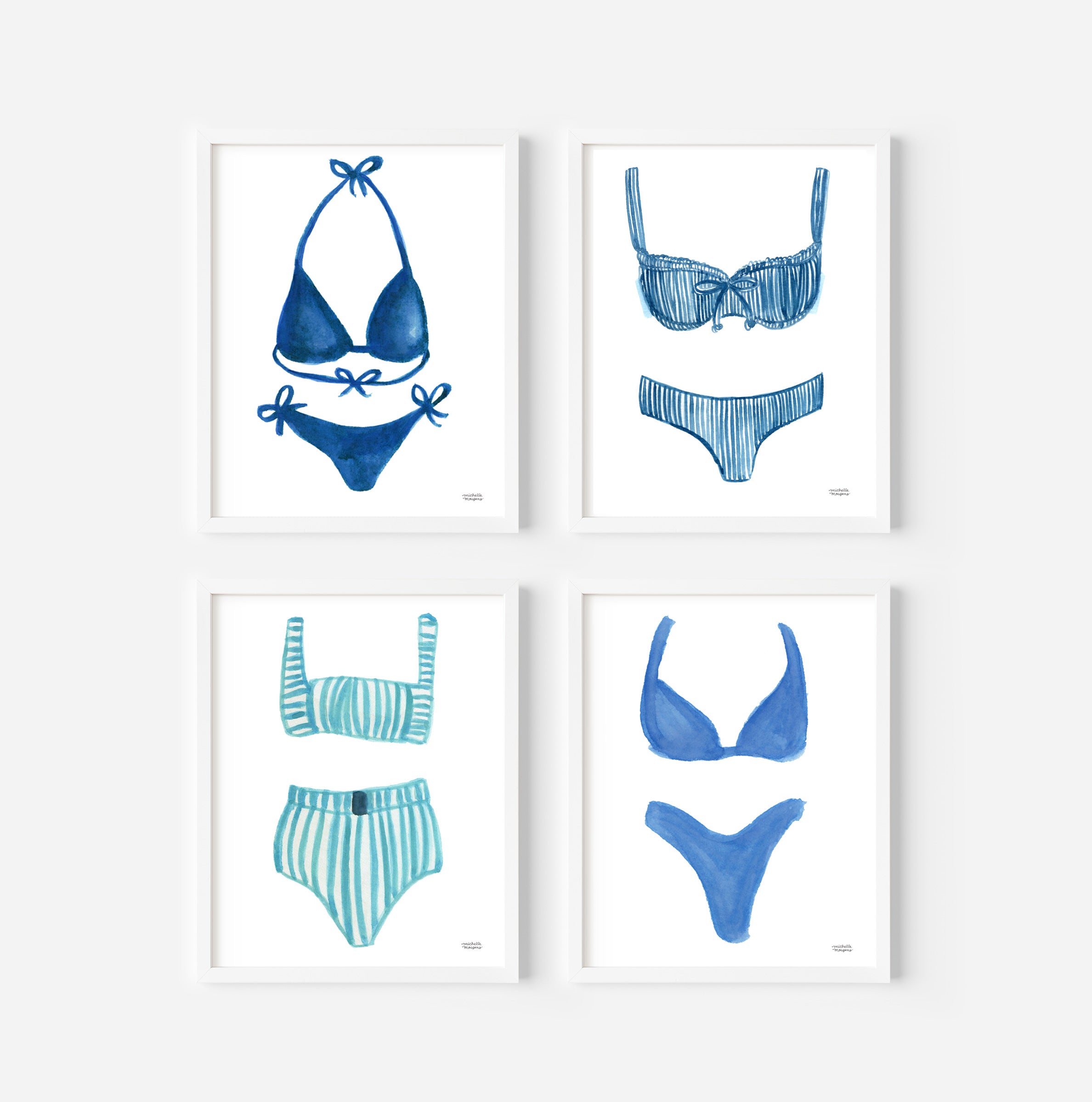 Watercolor bikini bathing suits in blue hues by artist Michelle Mospens. Wall art prints set of 4 in several different sizes.