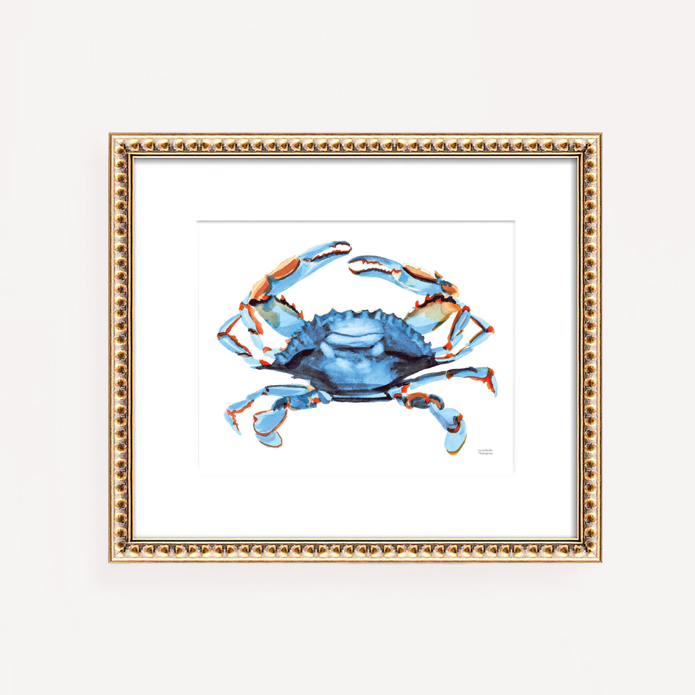 Watercolor Bright Blue Crab Coastal Wall Art Print - Michelle Mospens