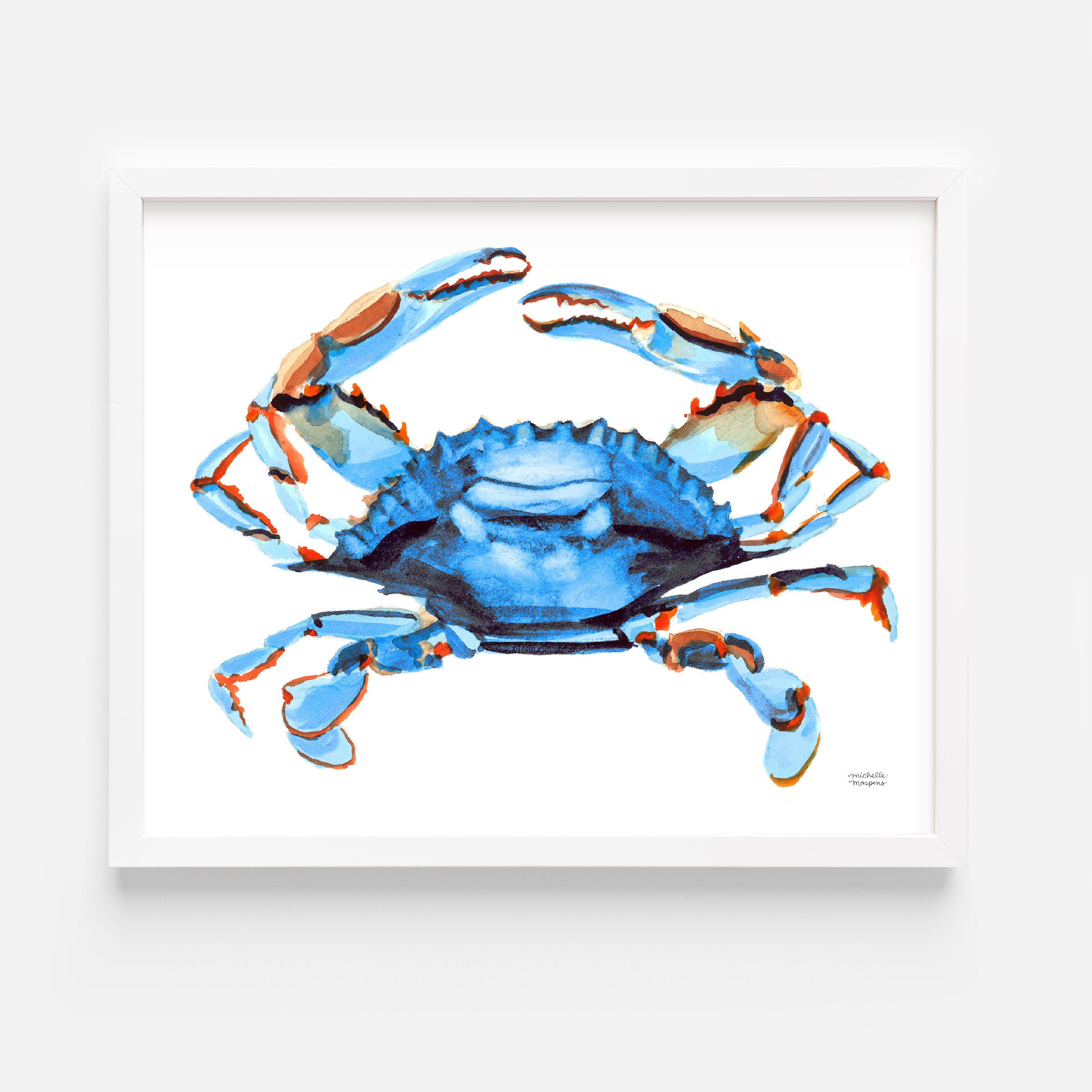 Watercolor Bright Blue Crab Coastal Wall Art Print - Michelle Mospens