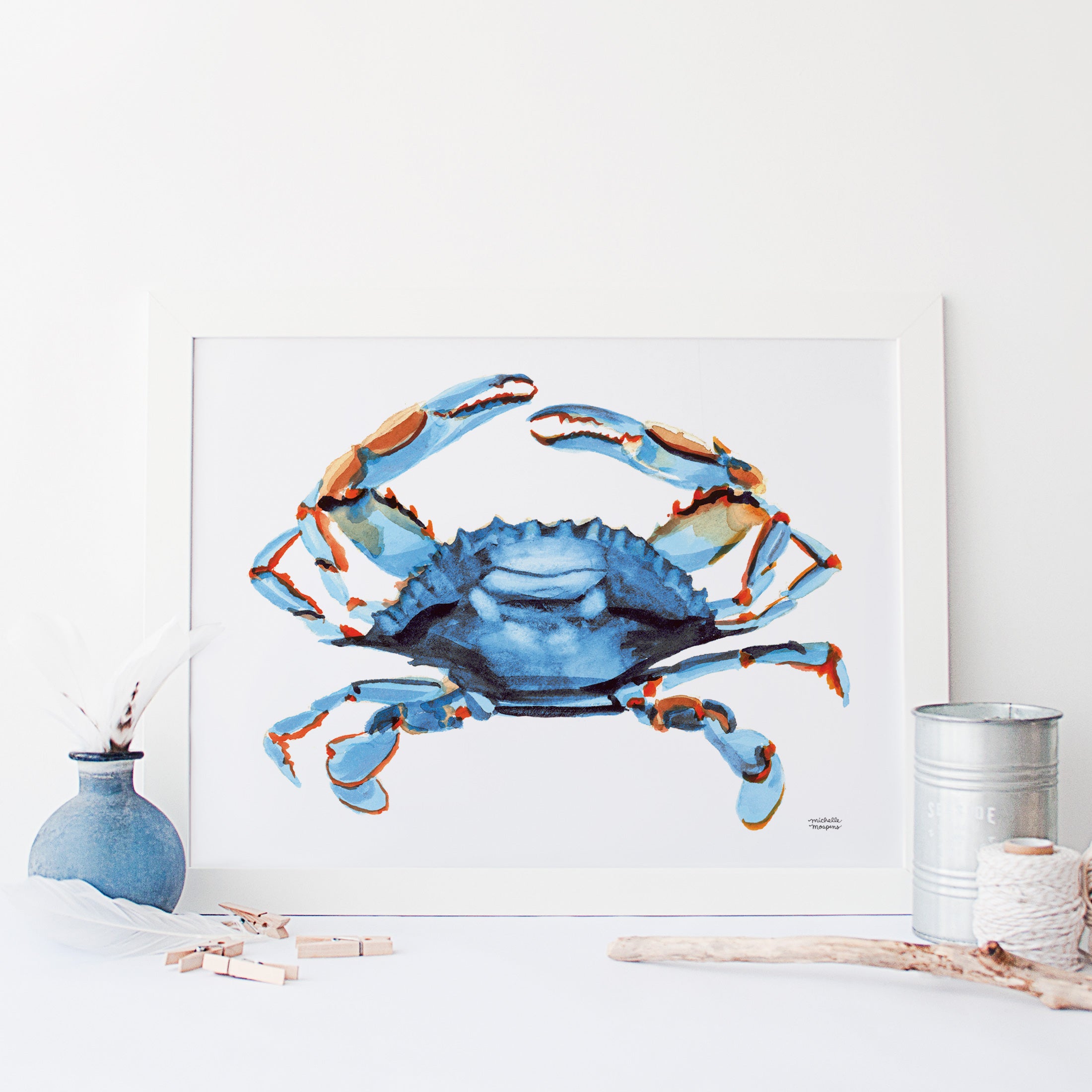 Watercolor Bright Blue Crab Coastal Wall Art Print