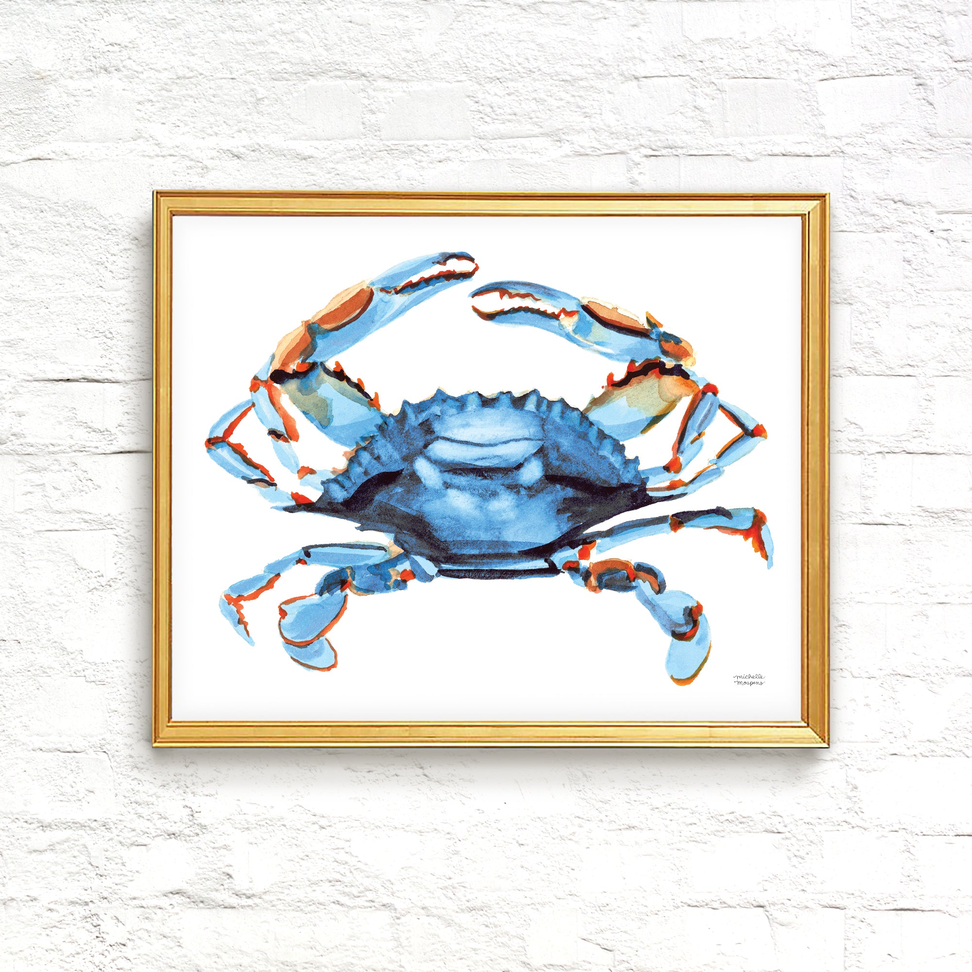 Watercolor Bright Blue Crab Coastal Wall Art Print