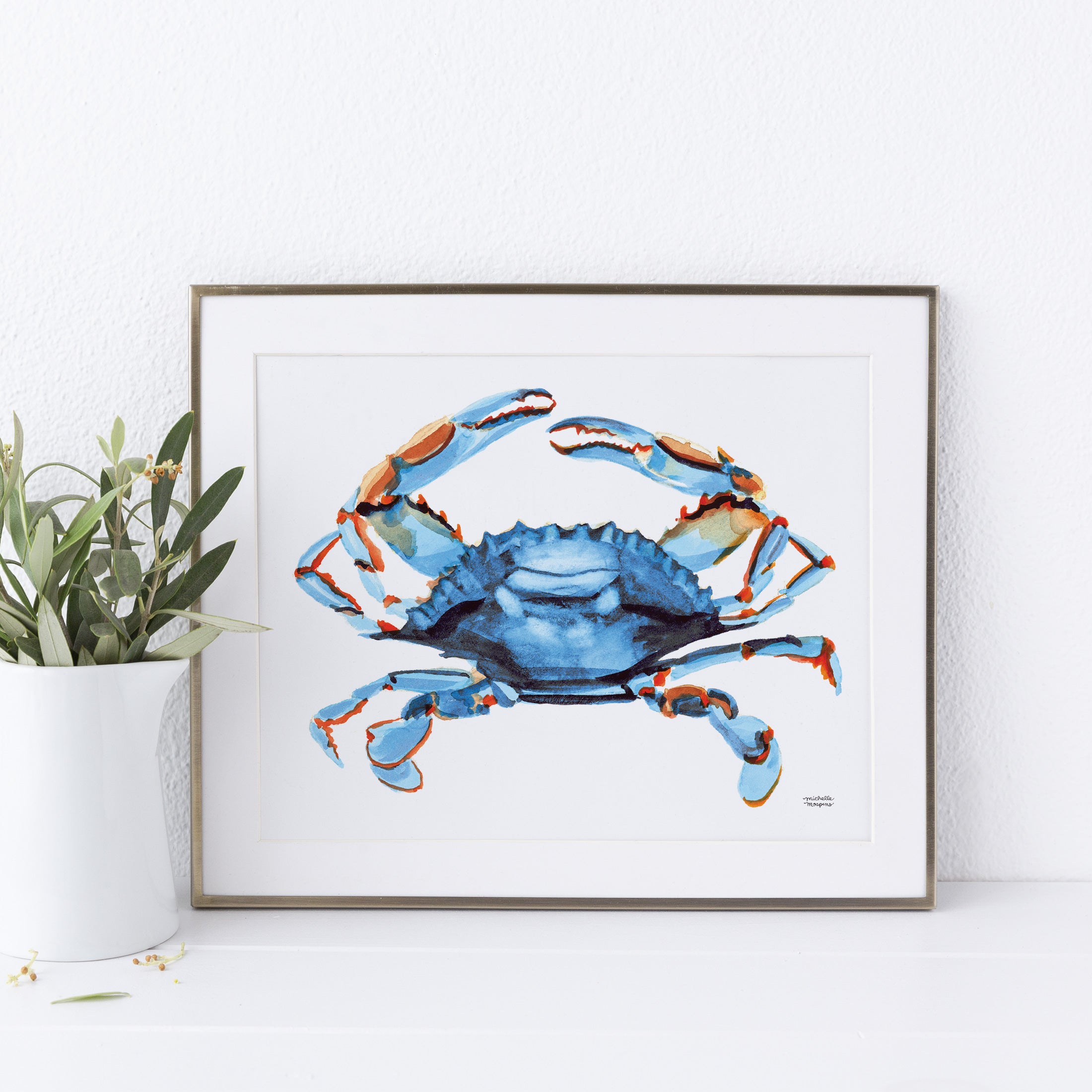 Watercolor Bright Blue Crab Coastal Wall Art Print