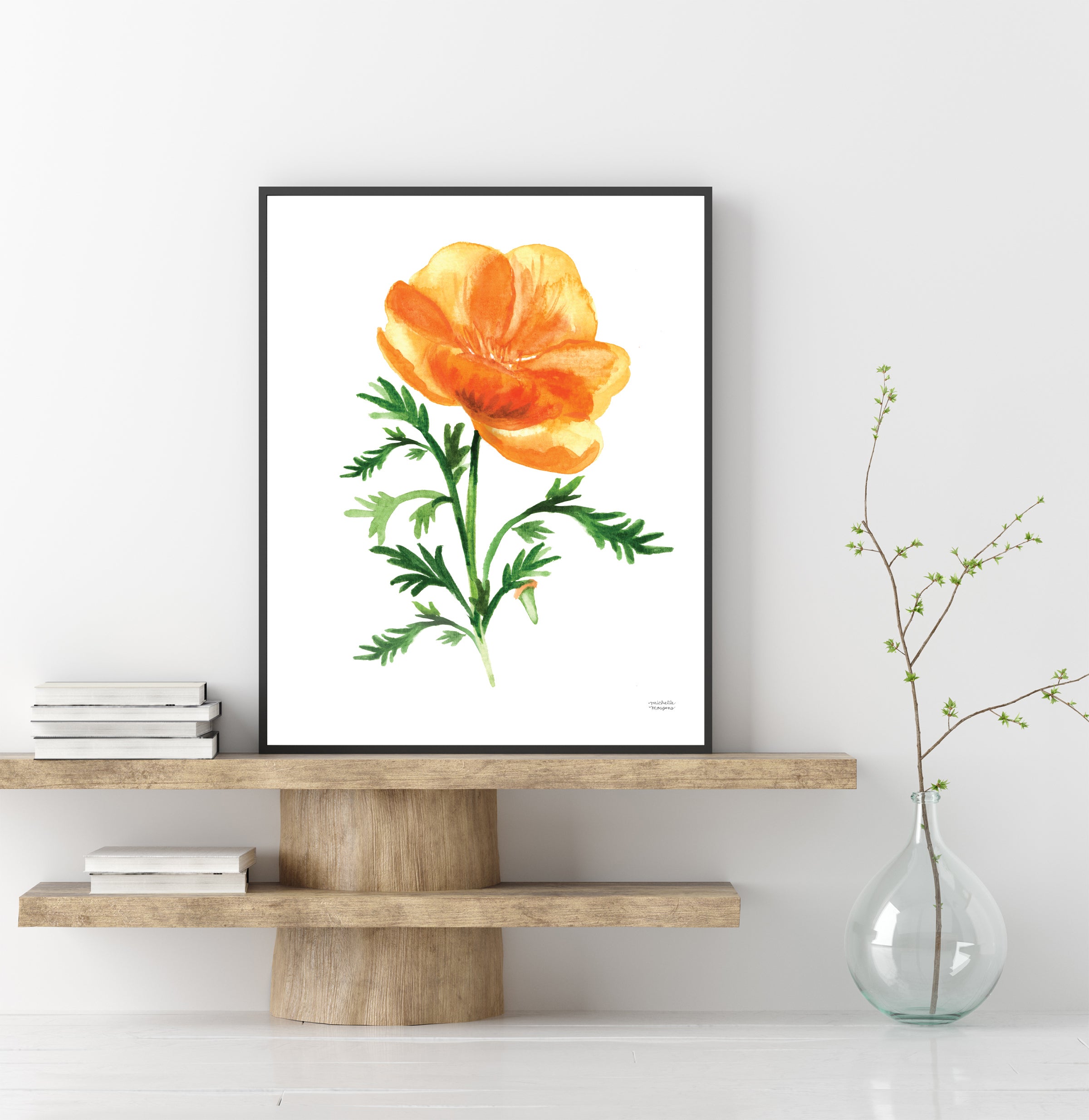 California Golden Poppy Watercolor Floral Wall Art Print