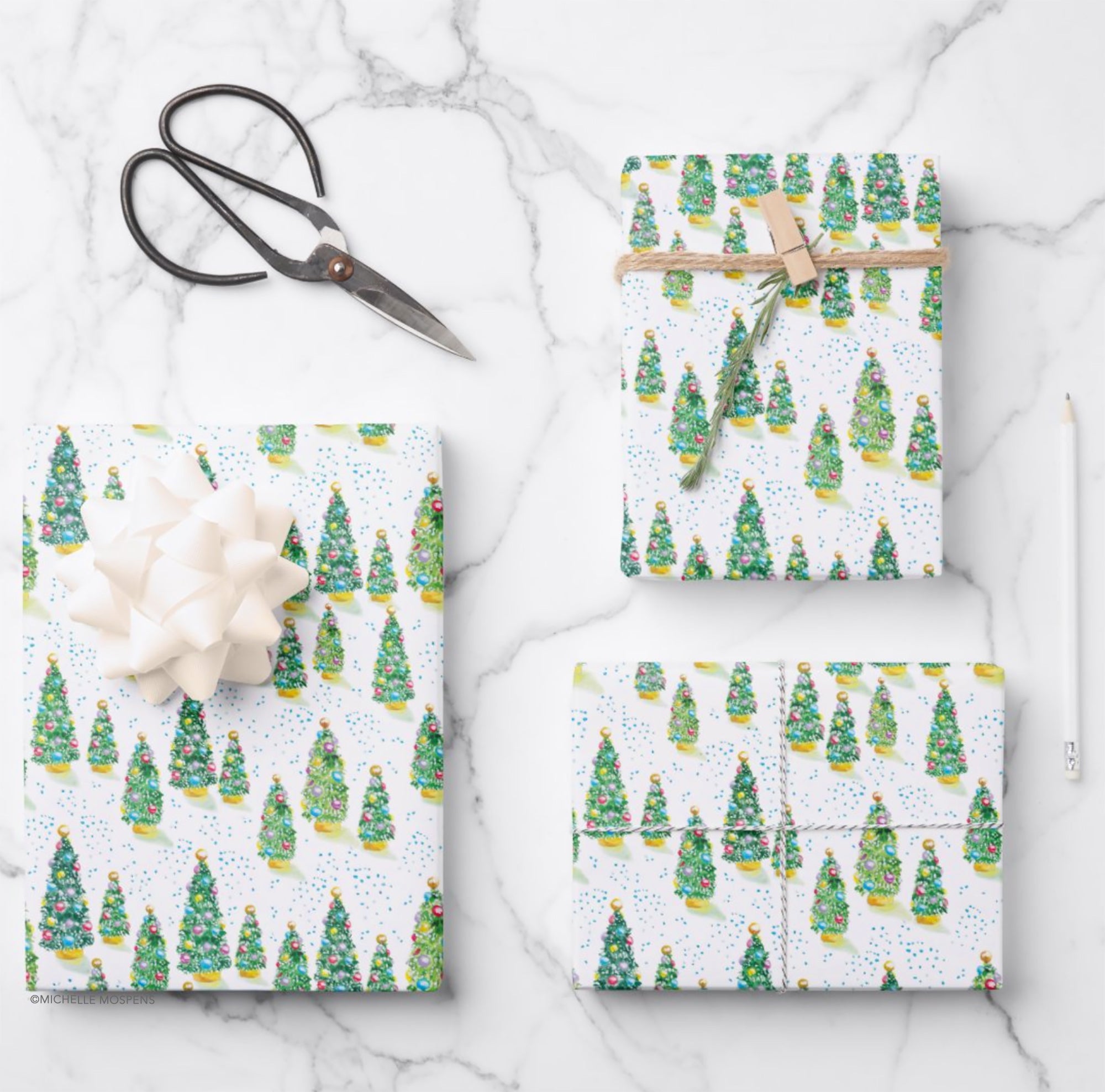 Illustrated Christmas Trees Wrapping Paper Gift Wrap by Michelle Mospens