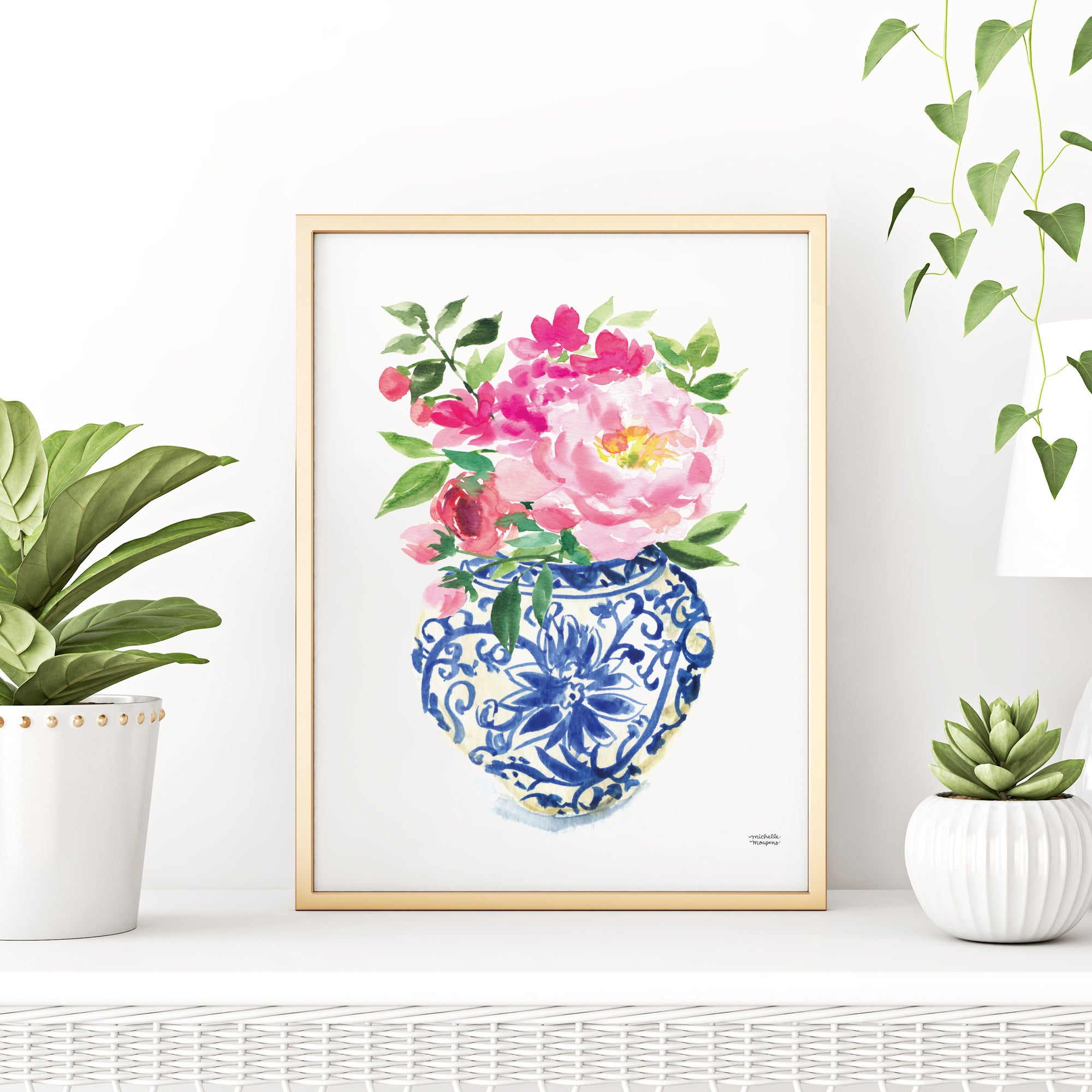 Watercolor Ginger Jar No. 5 with flowers painting wall art print by Michelle Mospens.