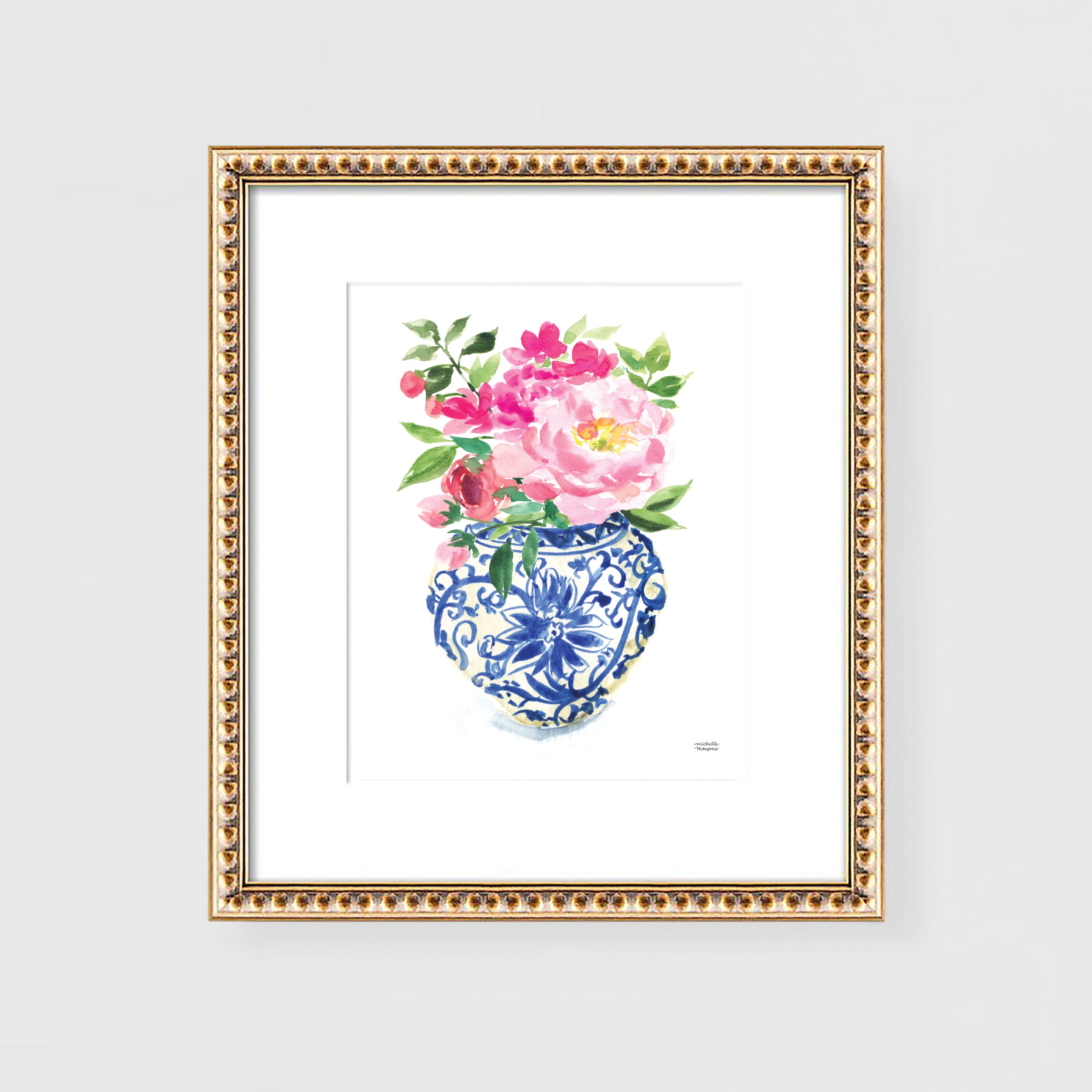 Watercolor Ginger Jar No. 5 with flowers painting wall art print by Michelle Mospens.