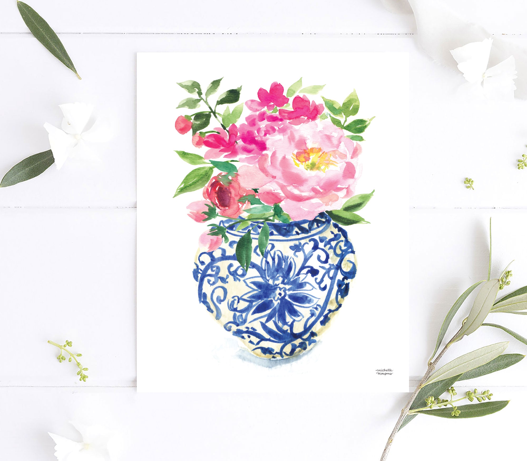 Watercolor Ginger Jar No. 5 with flowers painting wall art print by Michelle Mospens.