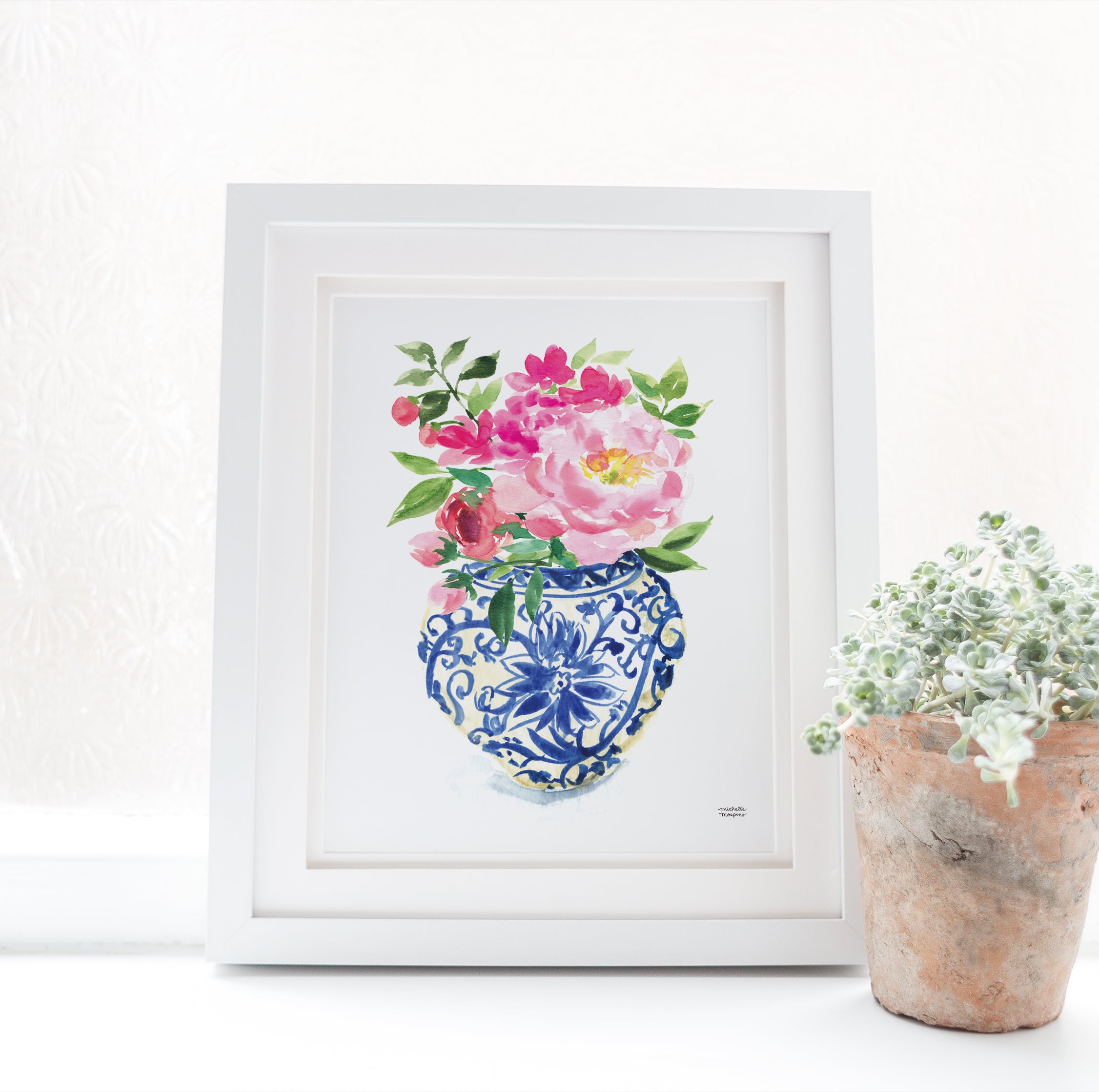 Watercolor Ginger Jar No. 5 with flowers painting wall art print by Michelle Mospens.