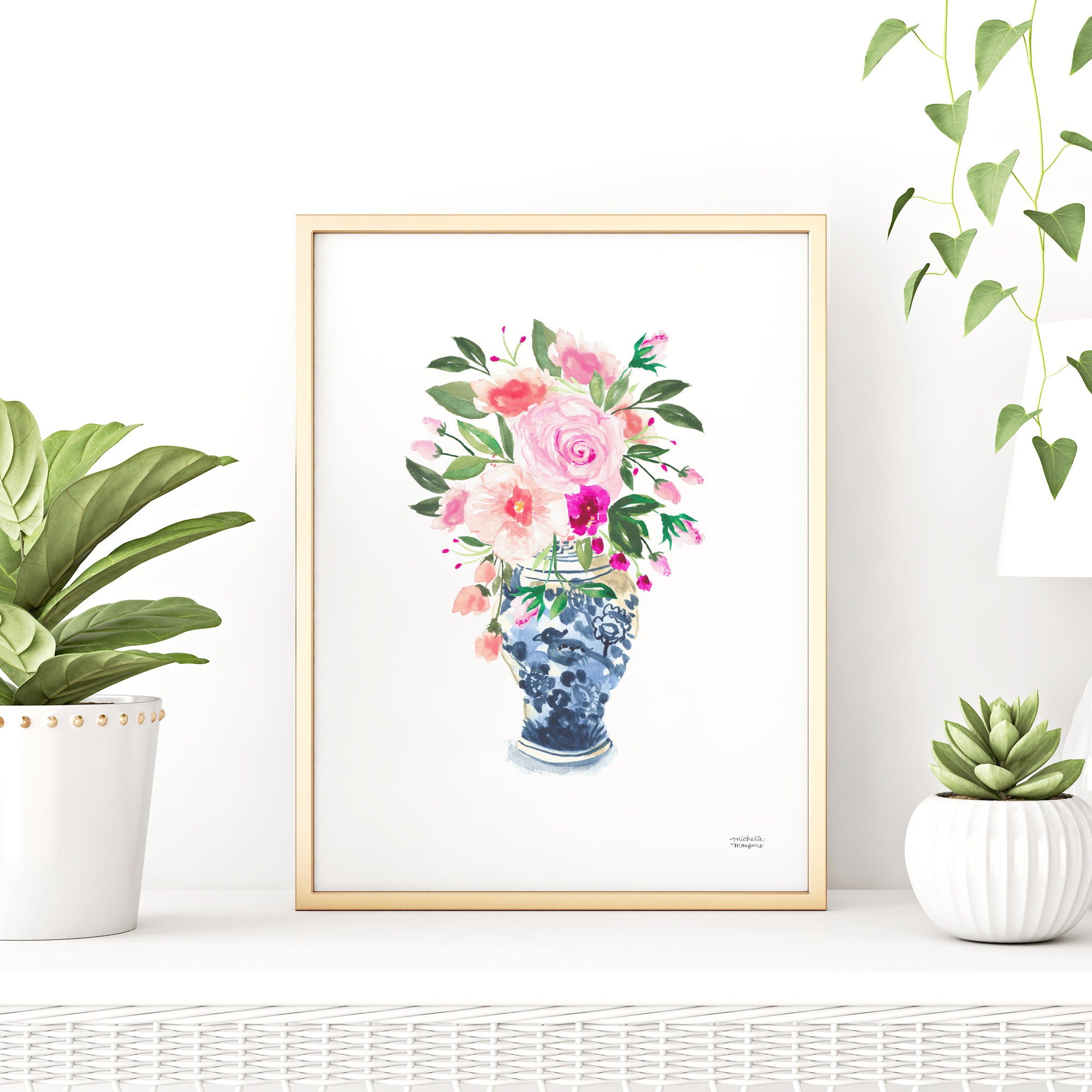 Watercolor ginger jar blue and white vase with flowers by watercolor artist Michelle Mospens.Watercolor ginger jar blue and white vase with flowers by watercolor artist Michelle Mospens.