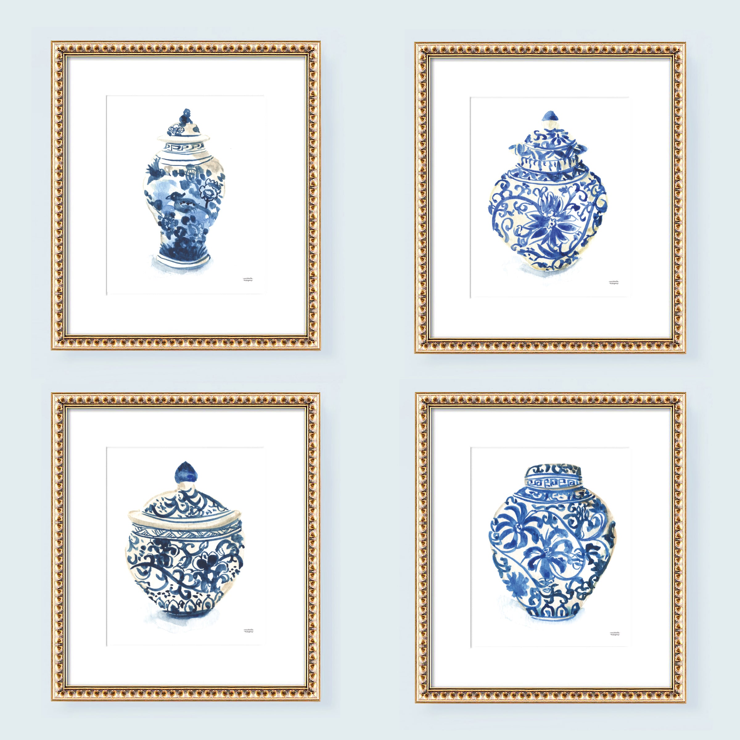 Ginger Jars Watercolor Wall Art Prints Set of 4