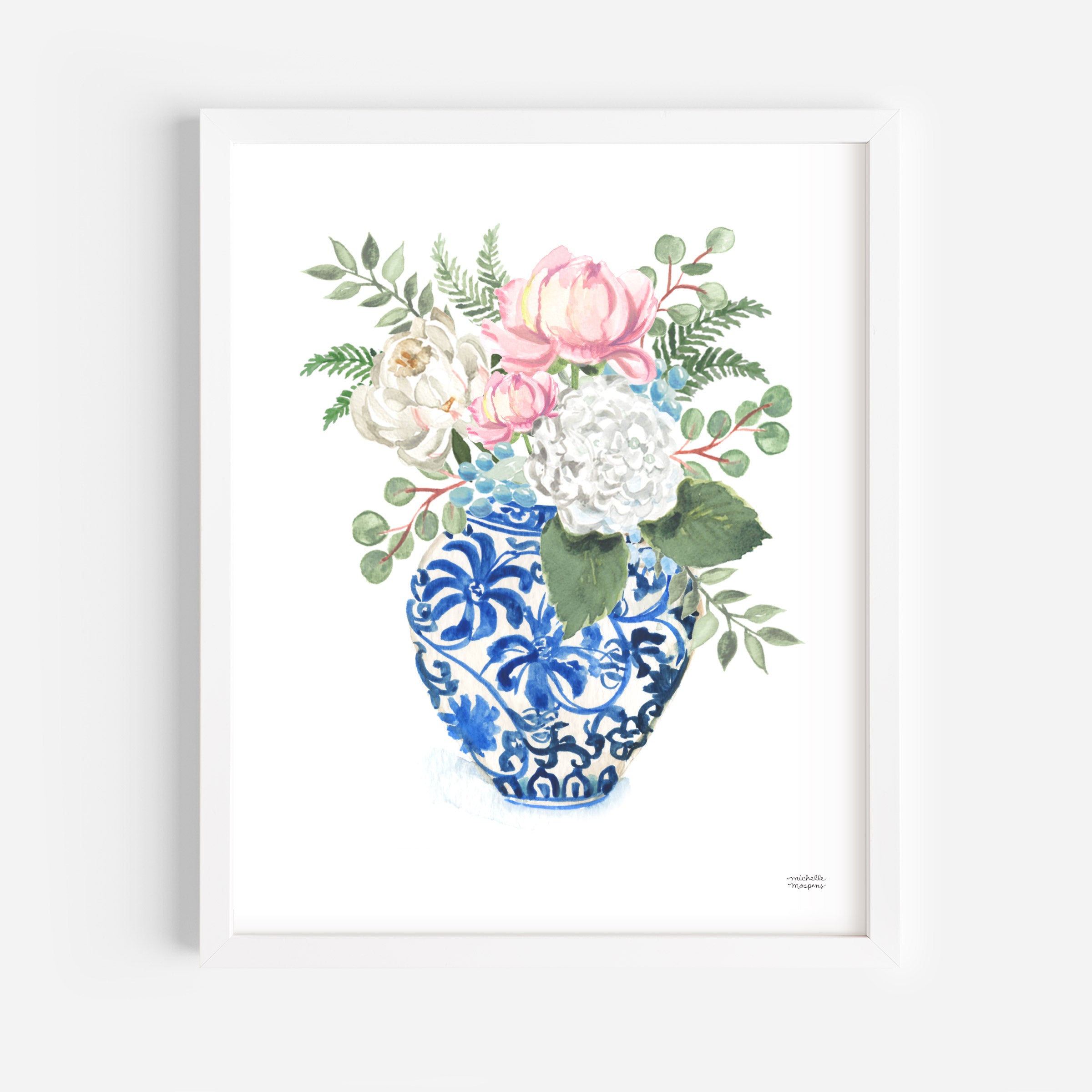 Watercolor Ginger Jar No7 with Flowers Art Print