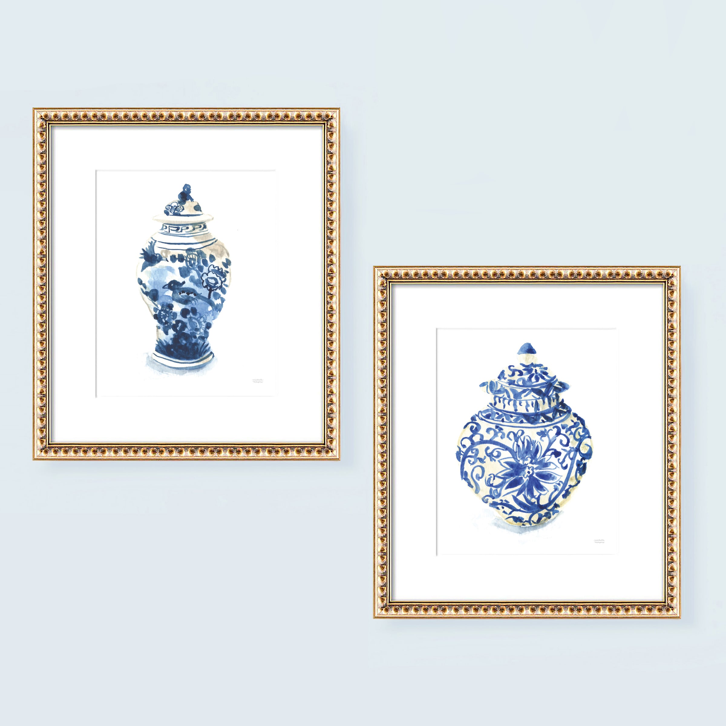Blue and white chinoiserie ginger jars watercolor painting wall art print set of 2 by artist Michelle Mospens.
