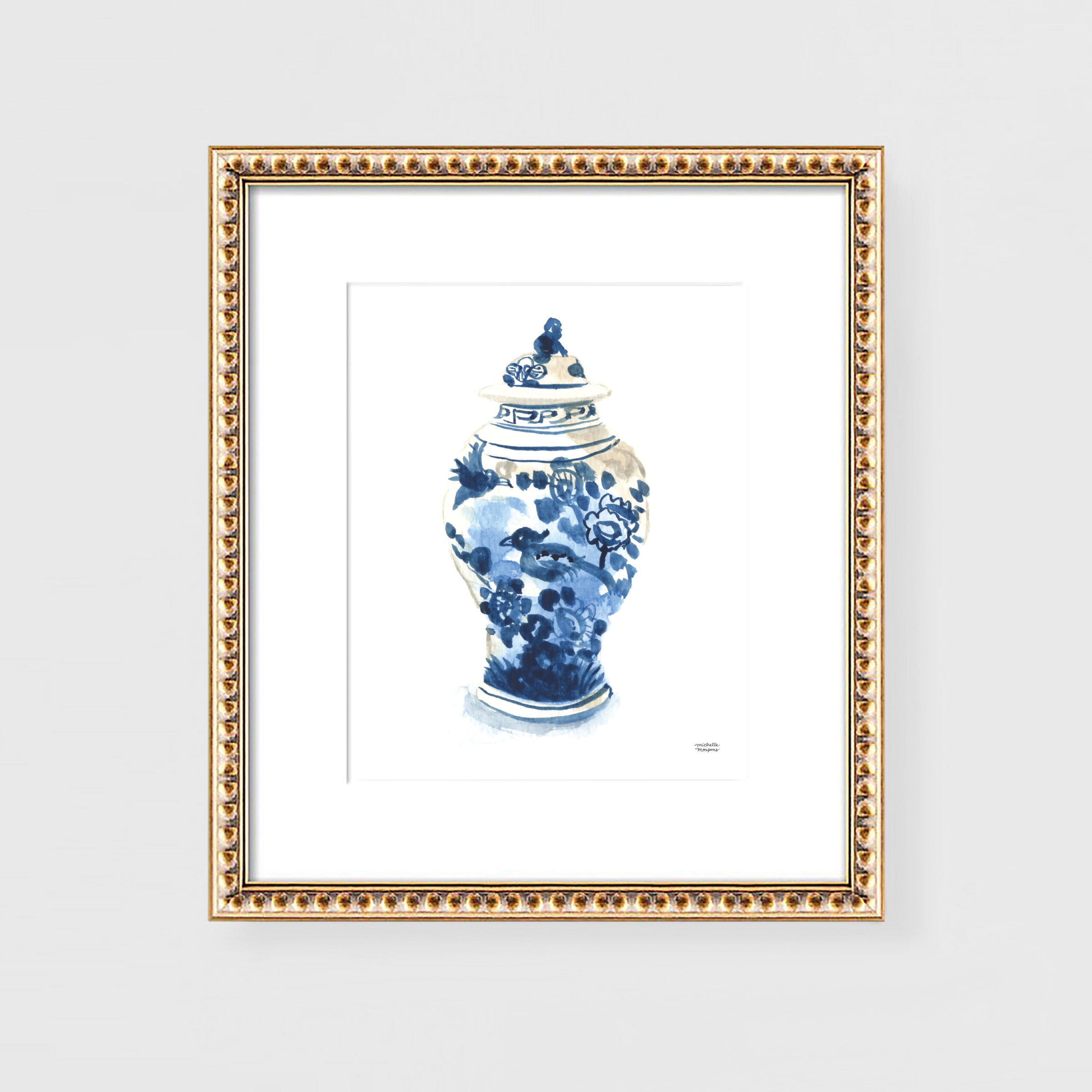 Hamptons style ginger jar watercolor painting wall art print. Coastal grandmillennial artwork by artist Michelle Mospens.