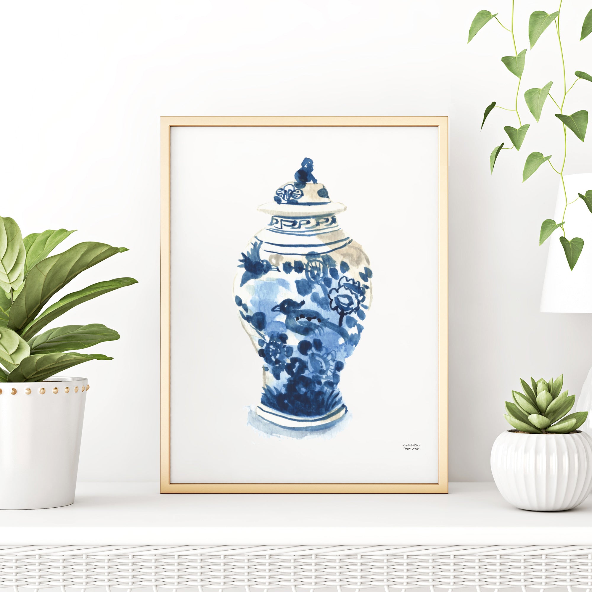 Hamptons style ginger jar watercolor painting wall art print. Coastal grandmillennial artwork by artist Michelle Mospens.