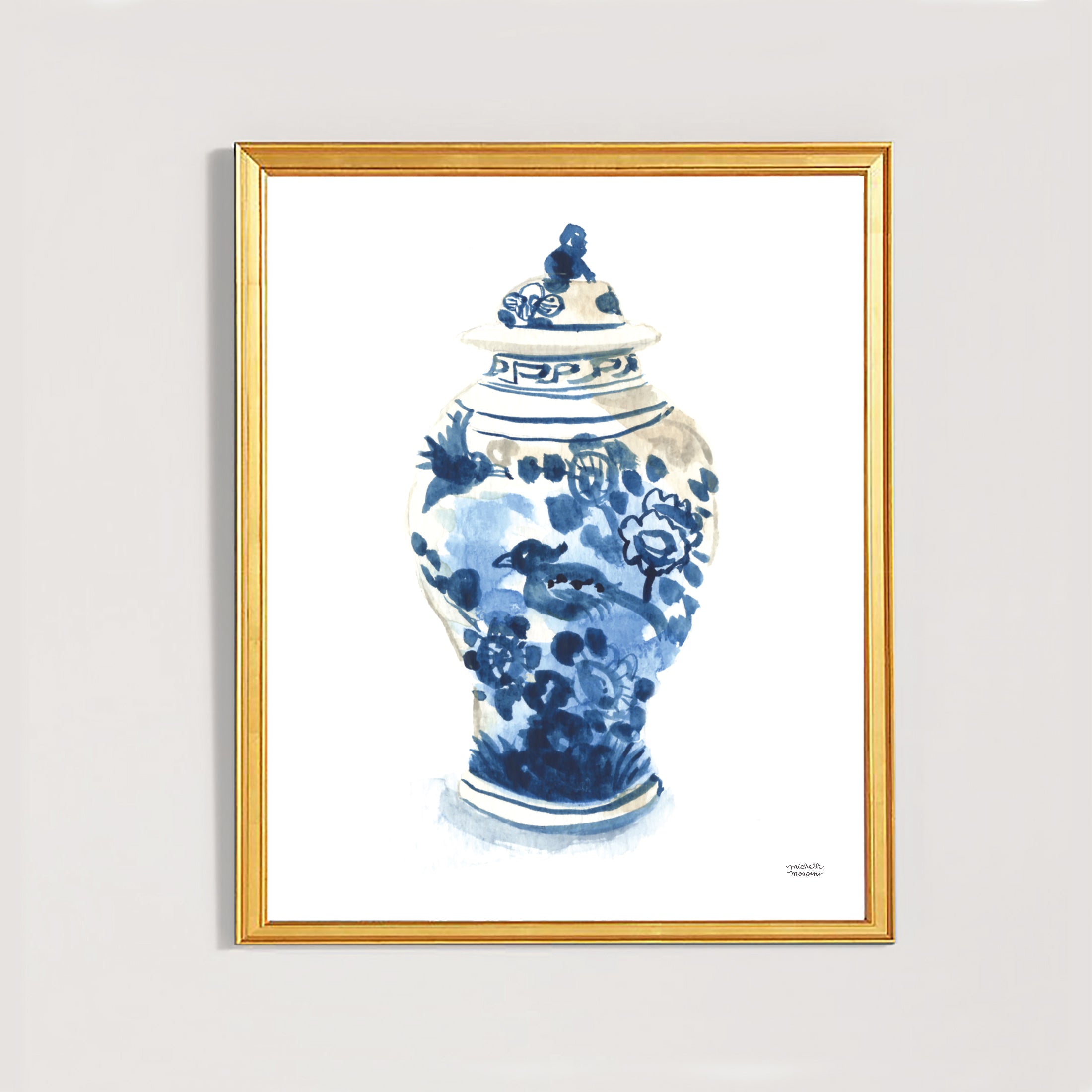 Hamptons style ginger jar watercolor painting wall art print. Coastal grandmillennial artwork by artist Michelle Mospens.